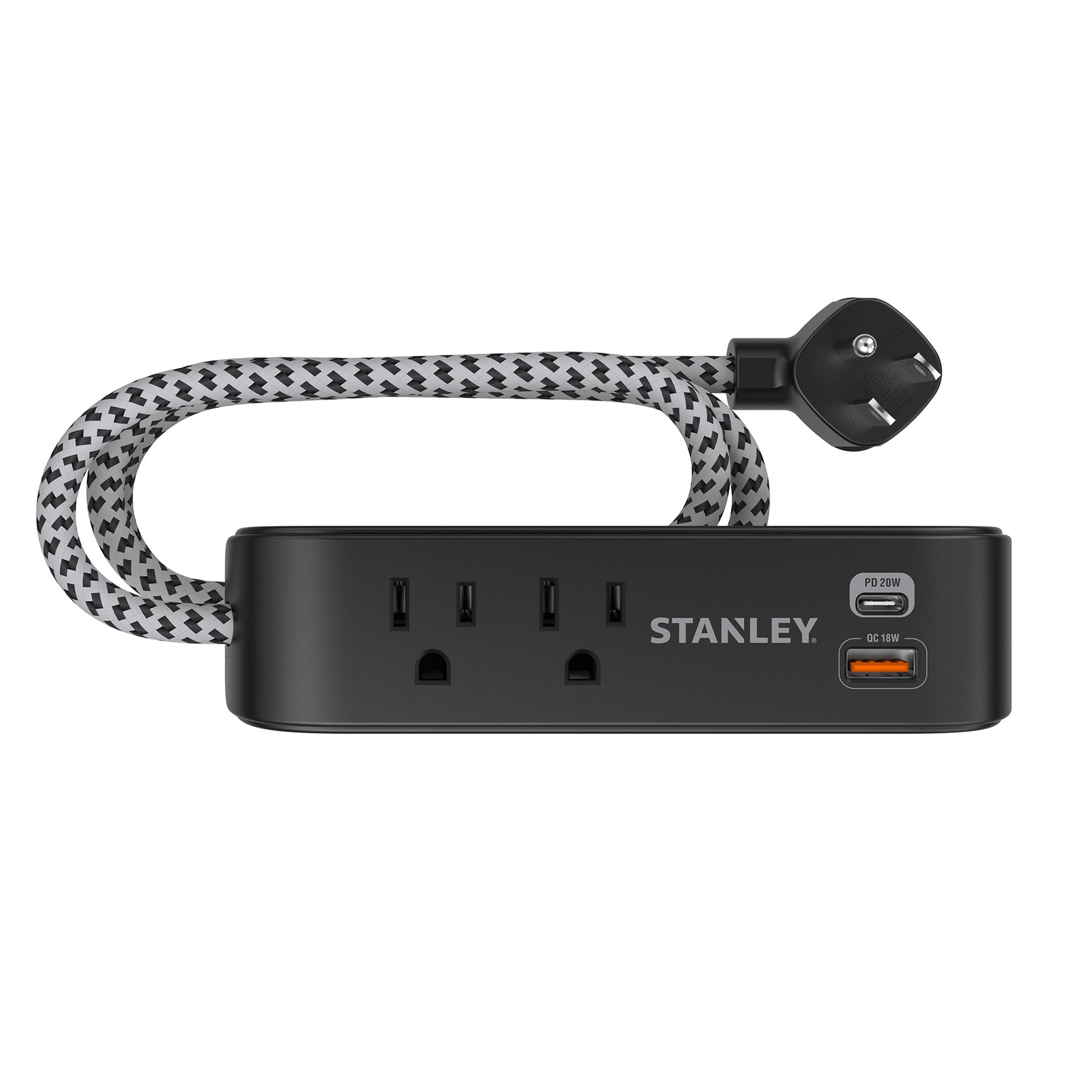 Stanley 2-AC Outlet 2-USB Port 300-Joules SurgeMax Surge Protector Power Strip with PD, 6-Ft. Fabric-Braided Cord with Low-Profile Plug, Black