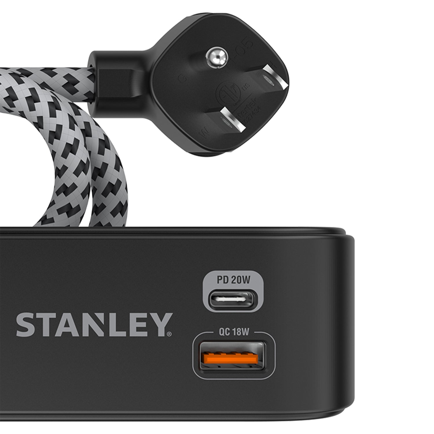 Stanley 2-AC Outlet 2-USB Port 300-Joules SurgeMax Surge Protector Power Strip with PD, 6-Ft. Fabric-Braided Cord with Low-Profile Plug, Black