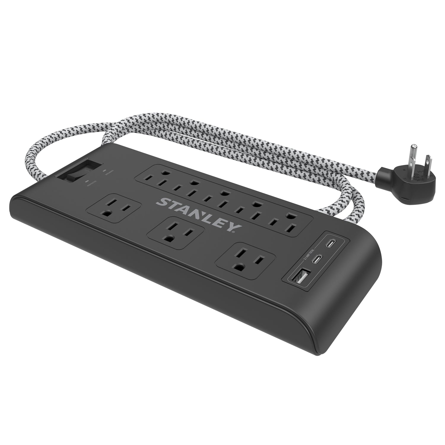 Stanley 8-AC Outlet 2-USB Port 2400-Joules Surge Blok Surge Protector Power Strip with PD, 6-Ft. Fabric-Braided Cord with Low-Profile Plug, 33308