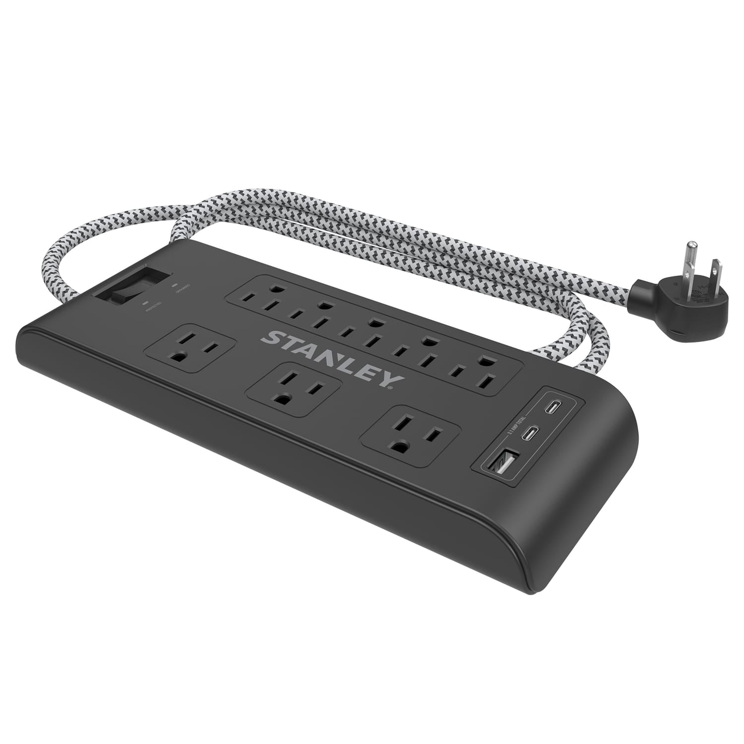Stanley 8-AC Outlet 2-USB Port 2400-Joules Surge Blok Surge Protector Power Strip with PD, 6-Ft. Fabric-Braided Cord with Low-Profile Plug, 33308