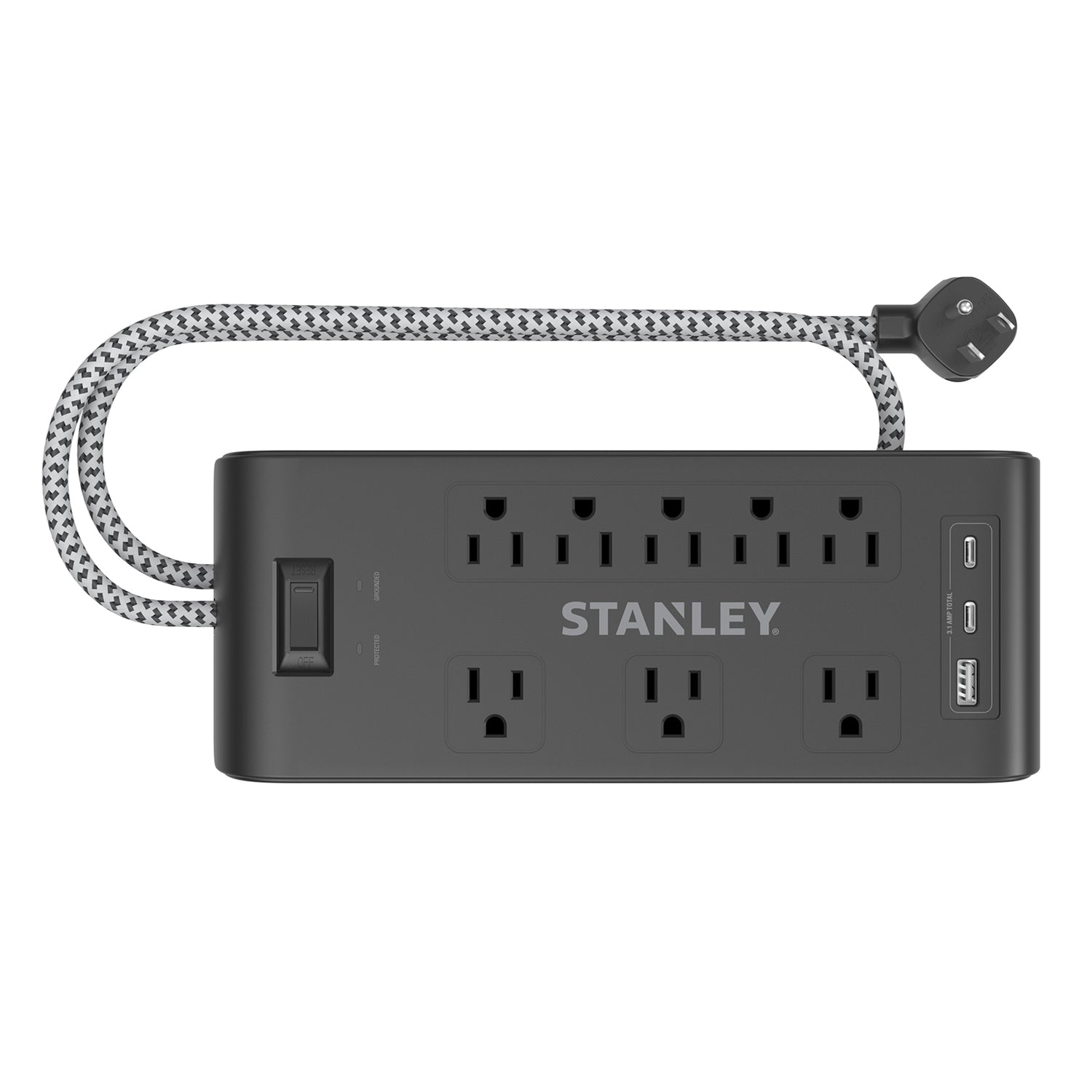 Stanley 8-AC Outlet 2-USB Port 2400-Joules Surge Blok Surge Protector Power Strip with PD, 6-Ft. Fabric-Braided Cord with Low-Profile Plug, 33308