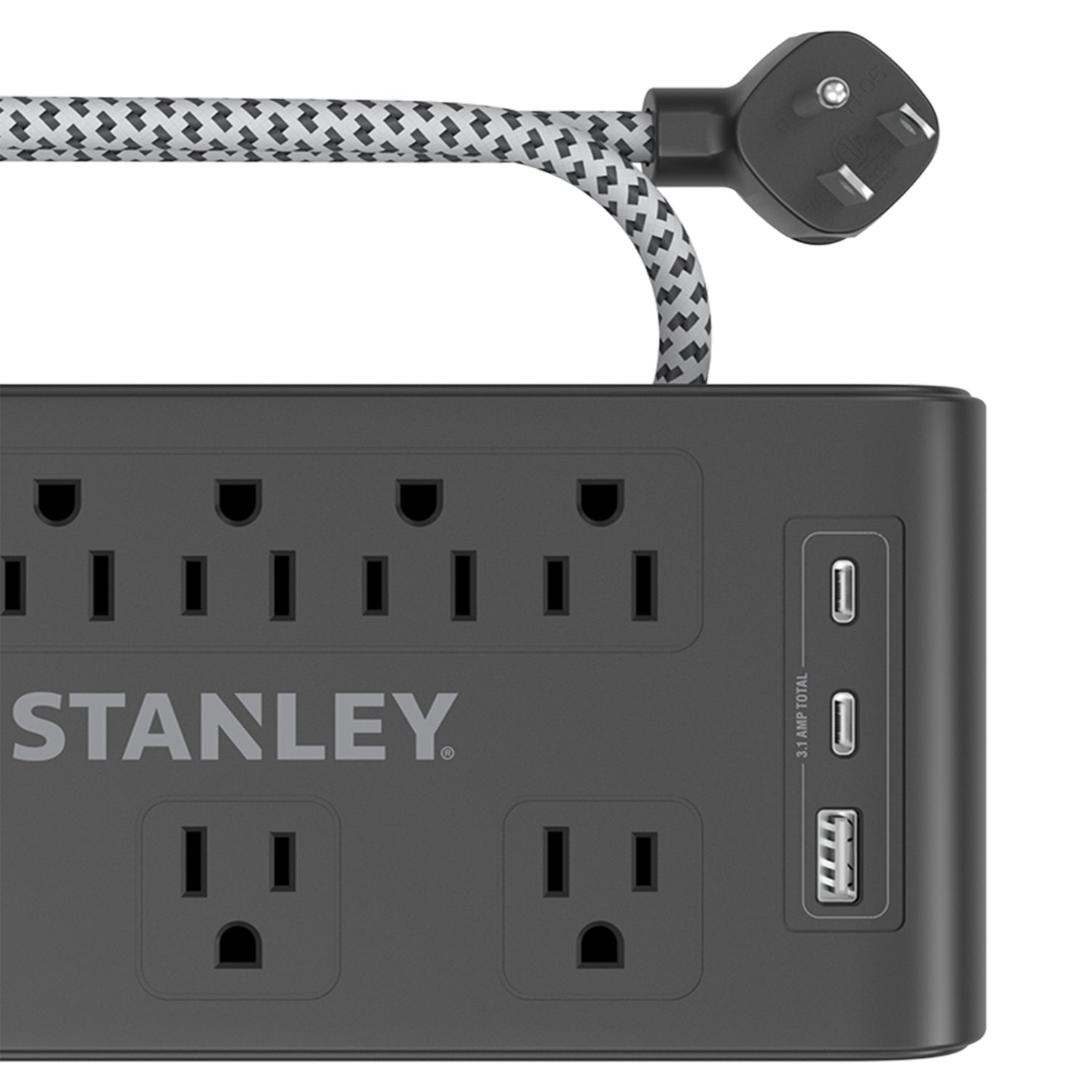 Stanley 8-AC Outlet 2-USB Port 2400-Joules Surge Blok Surge Protector Power Strip with PD, 6-Ft. Fabric-Braided Cord with Low-Profile Plug, 33308