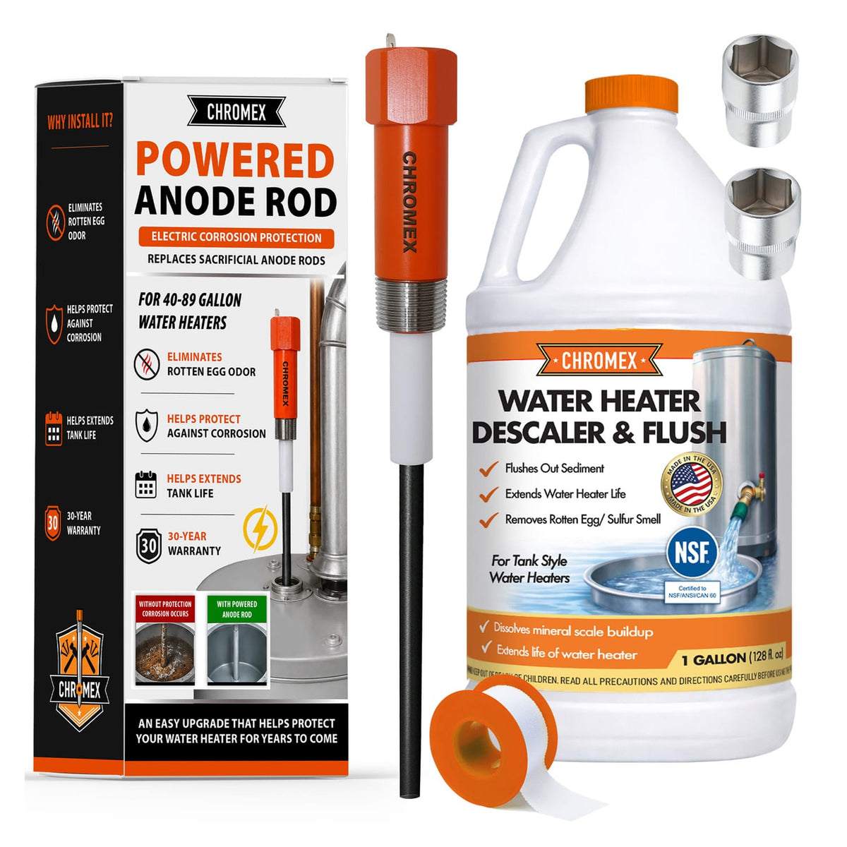 Chromex Powered Titanium Anode Rod Kit for Most 40- to 89-Gallon Water Heater Tanks with 1-Gallon Descaler/Flush Solution to Eliminate Sulfur Smell