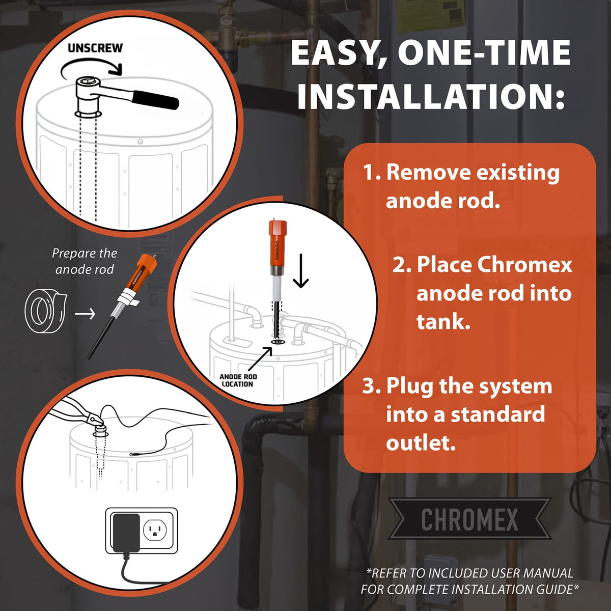 Chromex Powered Titanium Anode Rod Kit for Most 40- to 89-Gallon Water Heater Tanks with 1-Gallon Descaler/Flush Solution to Eliminate Sulfur Smell