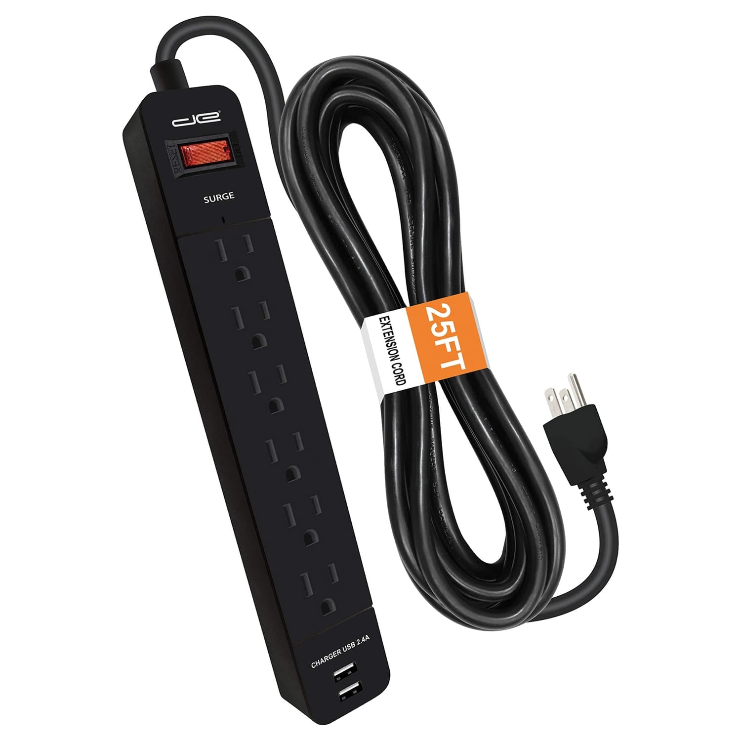 Digital Energy 6-AC Outlet and 2-USB Port 1050-Joules Surge Protector Power Strip with Straight Plug, 25 Ft., Black