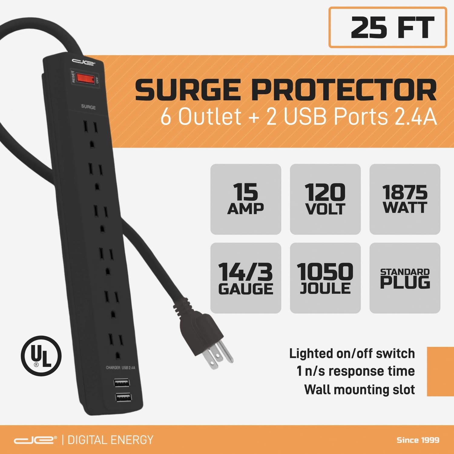 Digital Energy 6-AC Outlet and 2-USB Port 1050-Joules Surge Protector Power Strip with Straight Plug, 25 Ft., Black