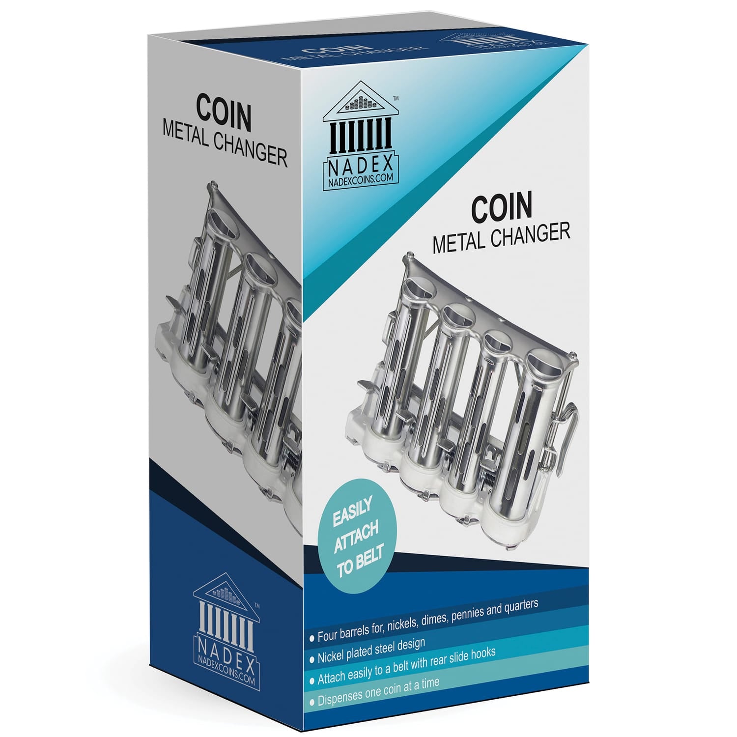 Nadex Coins 4-Barrel Steel Coin Dispenser Money Changer with Belt Clips
