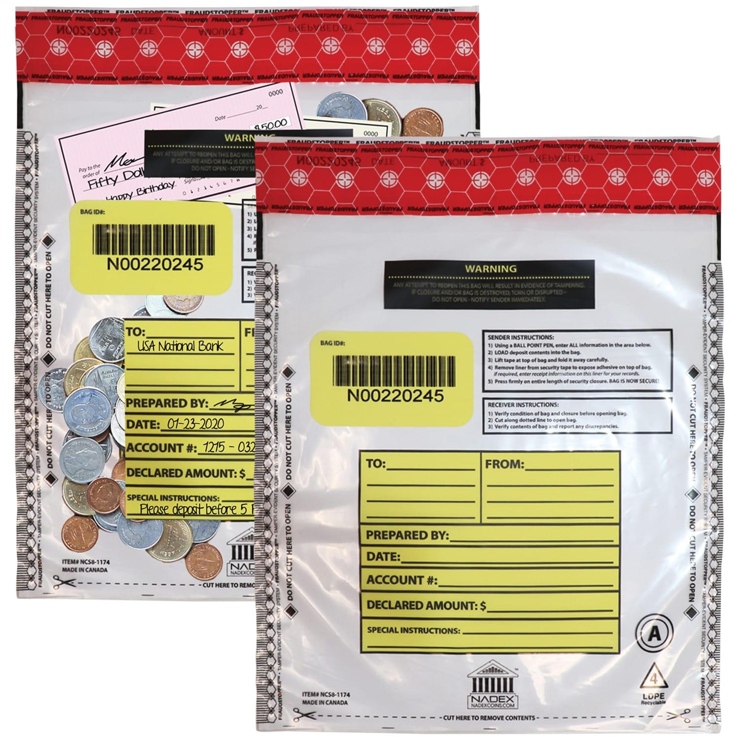 Nadex Coins Tamper-Evident 9-In. x 12-In. Clear FRAUDSTOPPER Bank Deposit Bags, 100 Pack