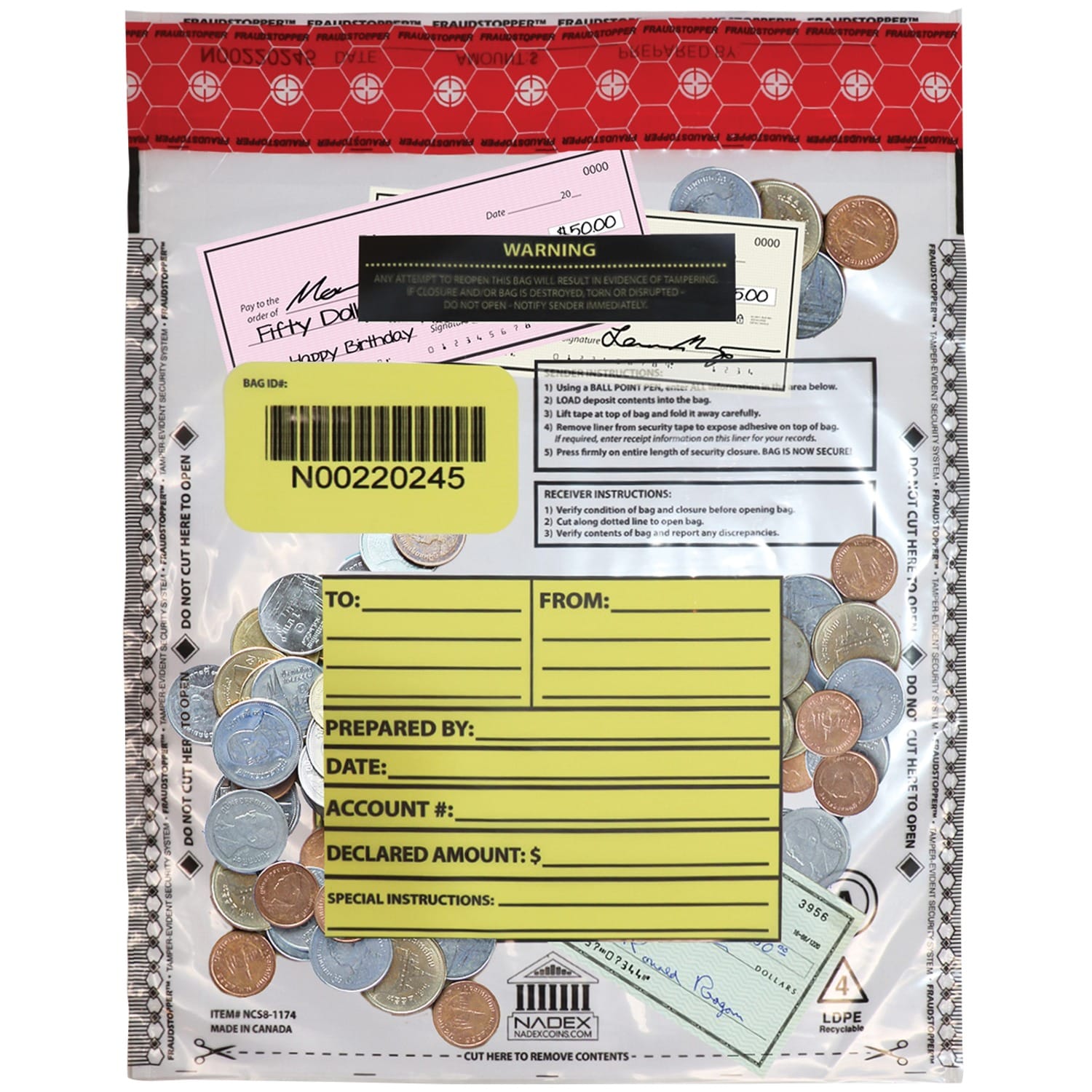 Nadex Coins Tamper-Evident 9-In. x 12-In. Clear FRAUDSTOPPER Bank Deposit Bags, 100 Pack