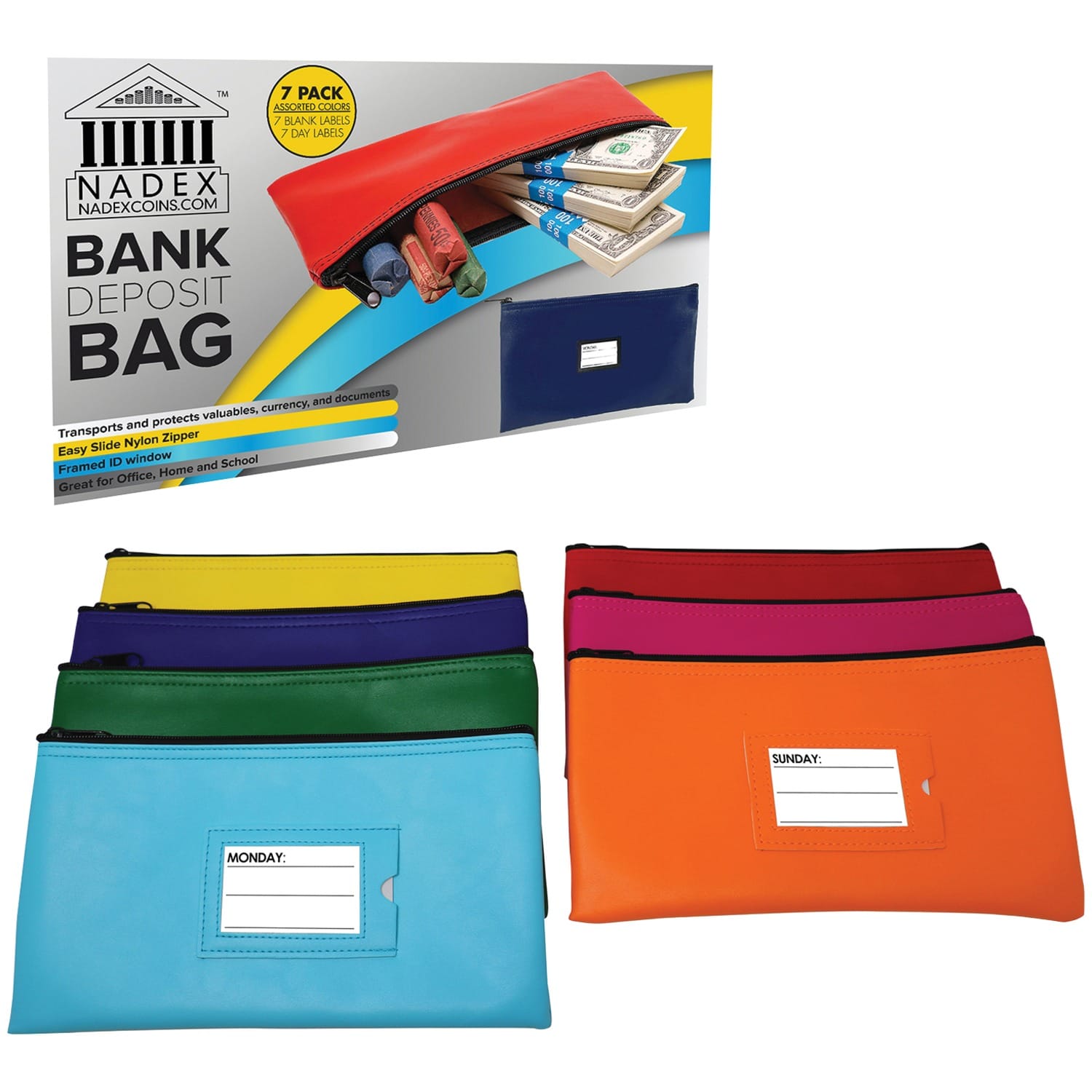 Nadex Coins Vinyl 7-Day Pack of Zippered Bank Deposit Cash and Coin Bags with Card Window, Neon Colors