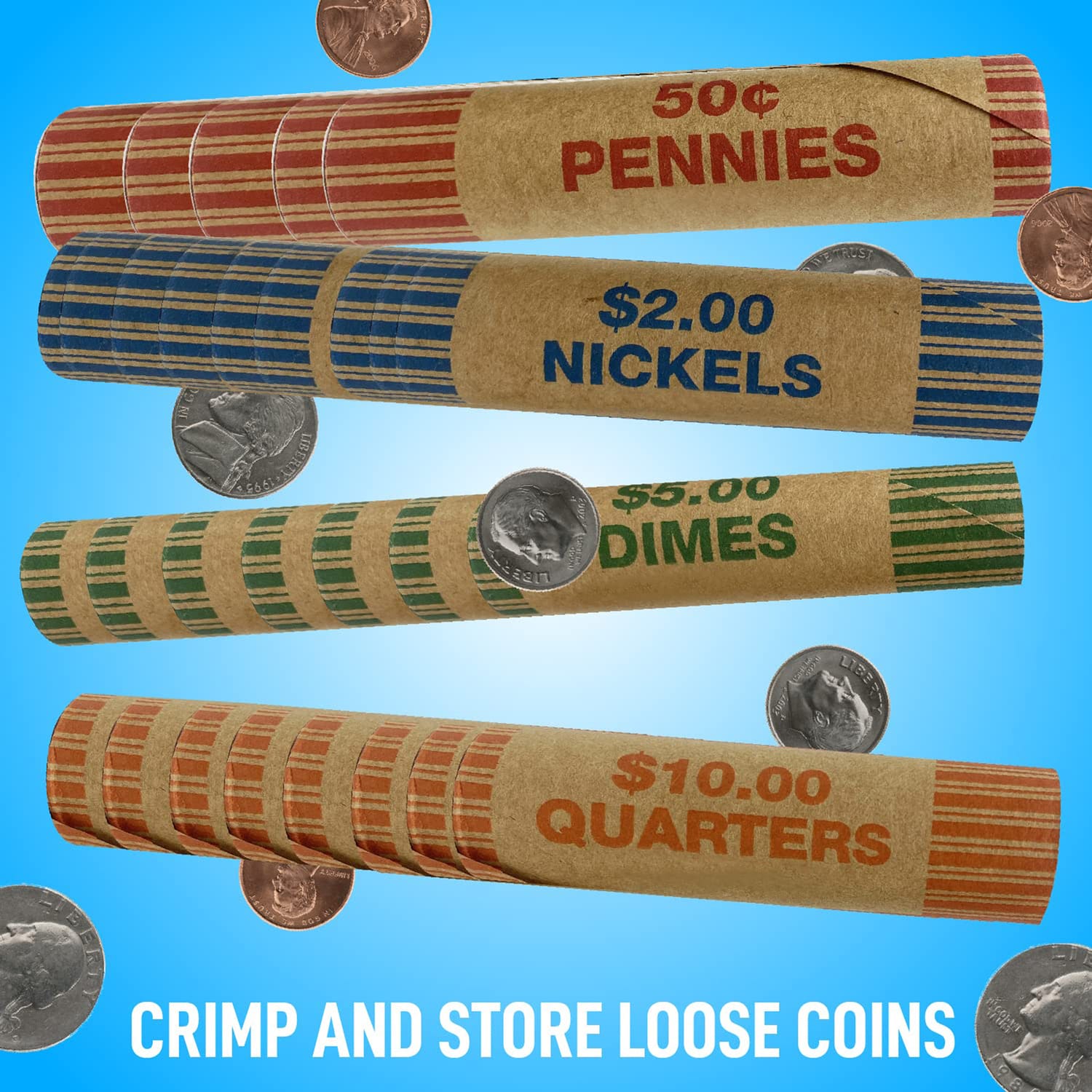 Nadex Coins 256 Assorted Preformed Crimped End Coin Roll Wrappers, 64 Each of Nickels, Dimes, Pennies, and Quarters