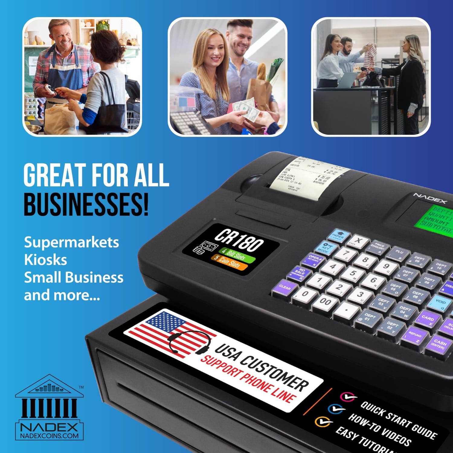 Nadex Coins CR180 Steel Cash Register with Coin Drawer, 6800 PLUs and 60 Departments, Black