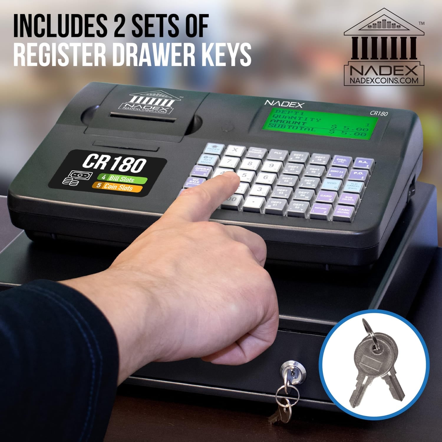 Nadex Coins CR180 Steel Cash Register with Coin Drawer, 6800 PLUs and 60 Departments, Black
