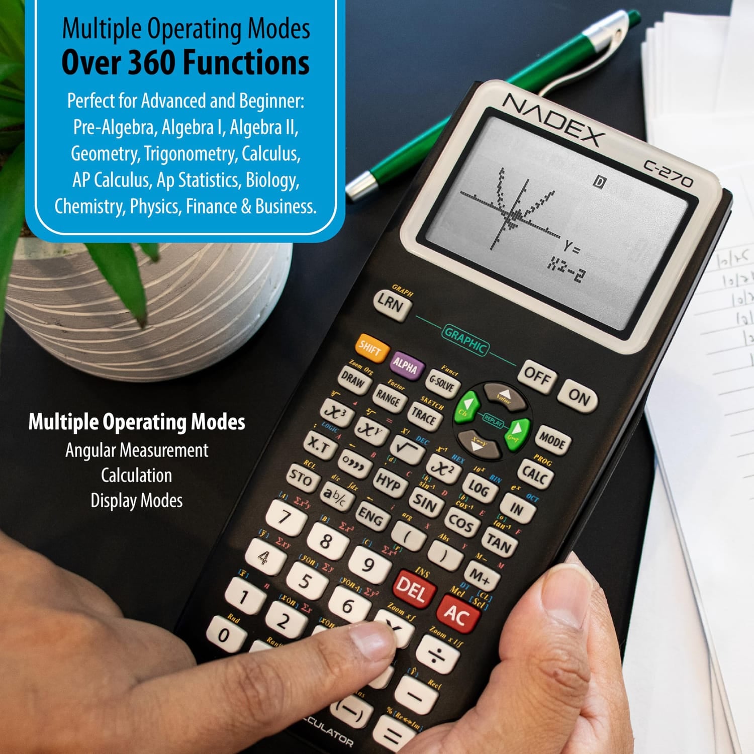 Nadex Coins C-270 Scientific Calculator with Black and White Graph Functions, Battery Powered, Black