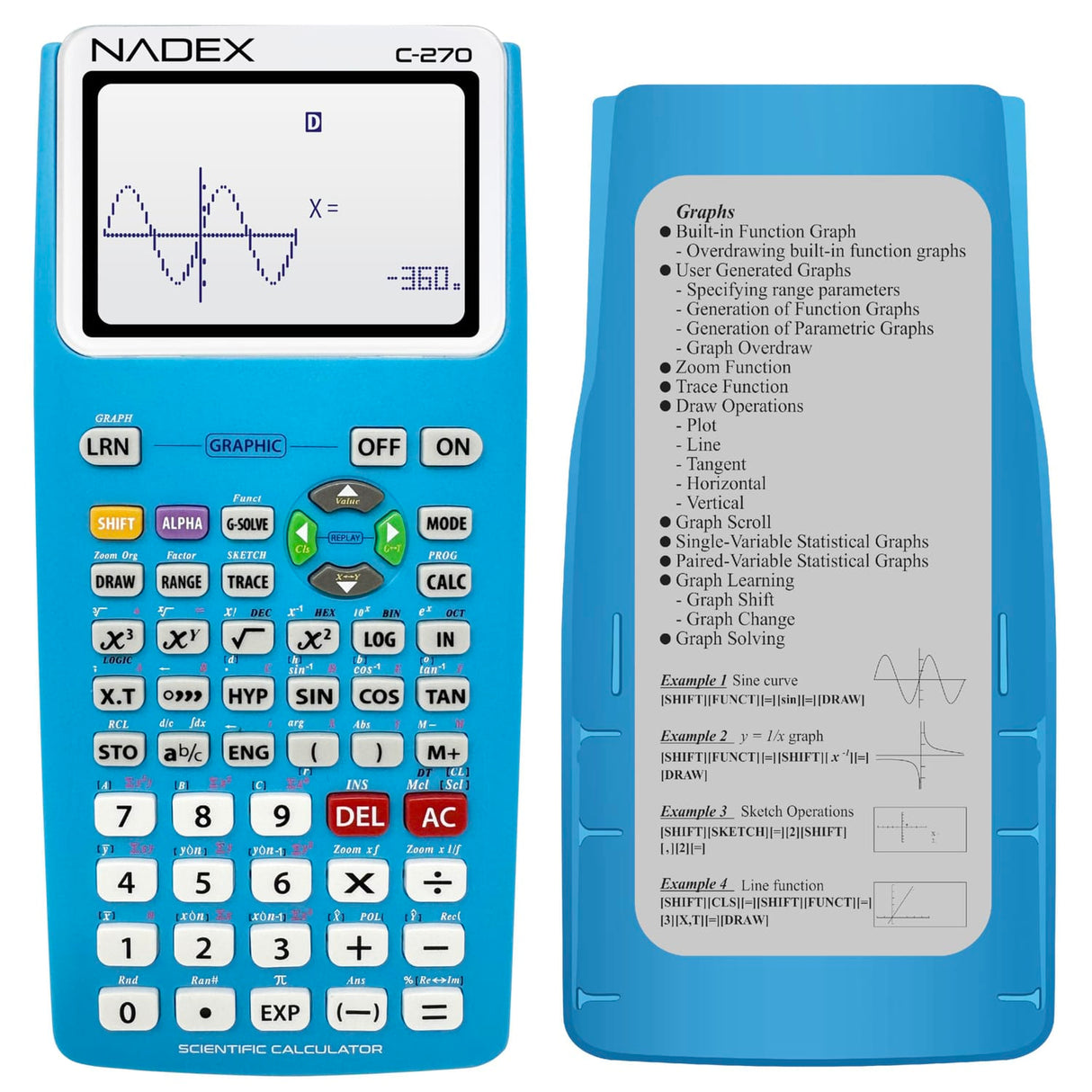 Nadex Coins C-270 Scientific Calculator with Black and White Graph Functions, Battery Powered, Blue