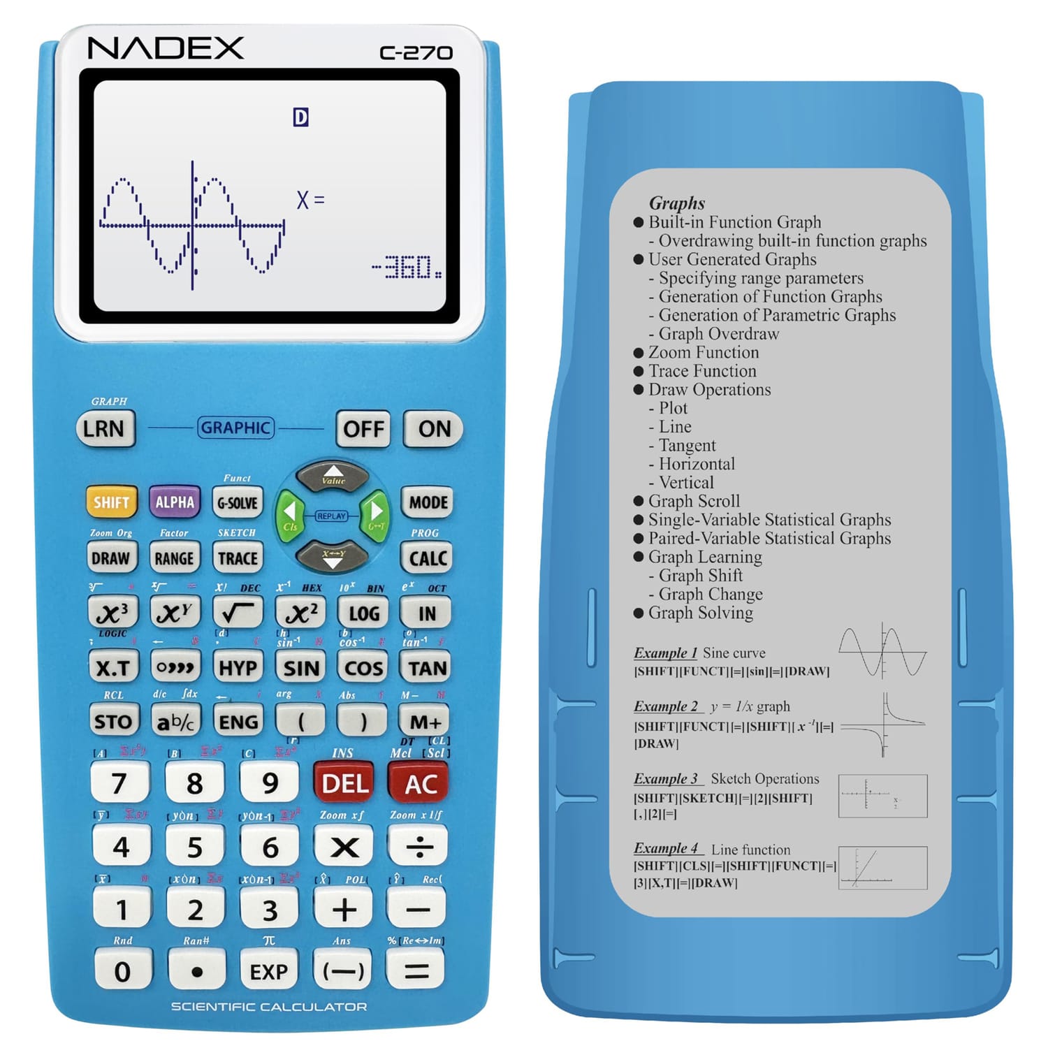 Nadex Coins C-270 Scientific Calculator with Black and White Graph Functions, Battery Powered, Blue