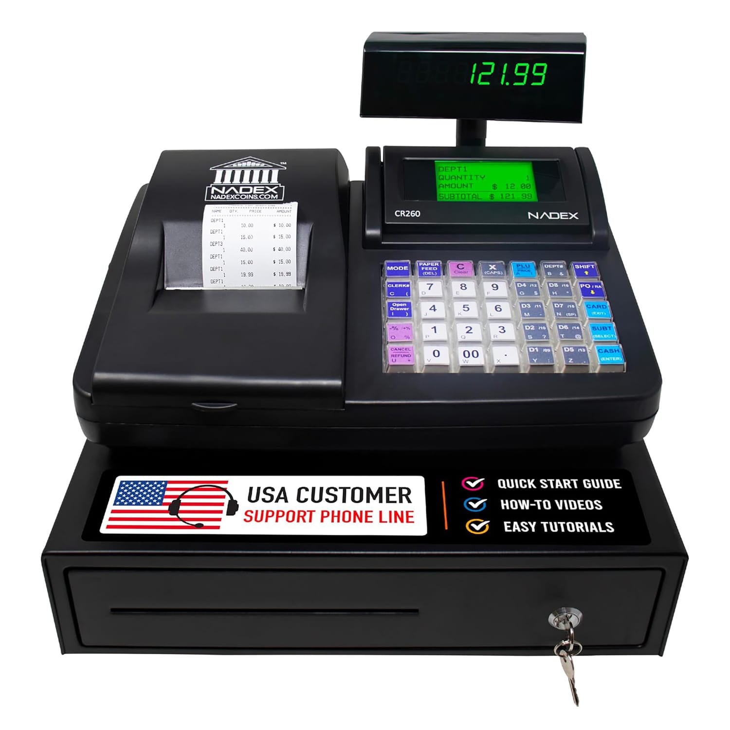 Nadex Coins CR260 Electronic Cash Register with Steel Drawer, Thermal Printer, Operator and Customer Displays, and User-Friendly Interface