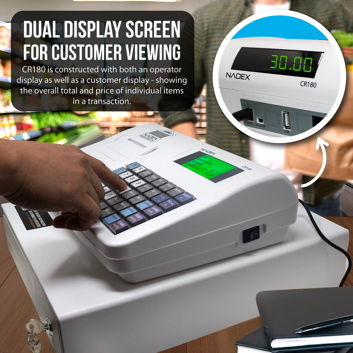 Nadex Coins CR180 Electronic Cash Register with Locking Cash Drawer, Thermal Printer, 2 Displays, 60 Depts., 6800 PLUs, Serial/USB Ports, White