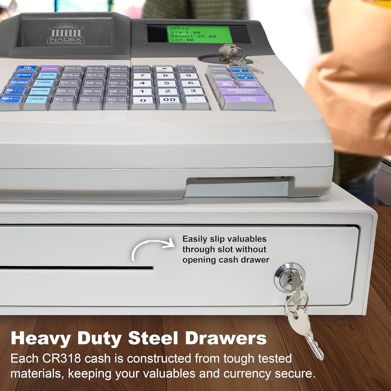 Nadex Coins CR318 POS Electronic Cash Register with Steel Drawer, Thermal Printer, and Multi-Clerk Support