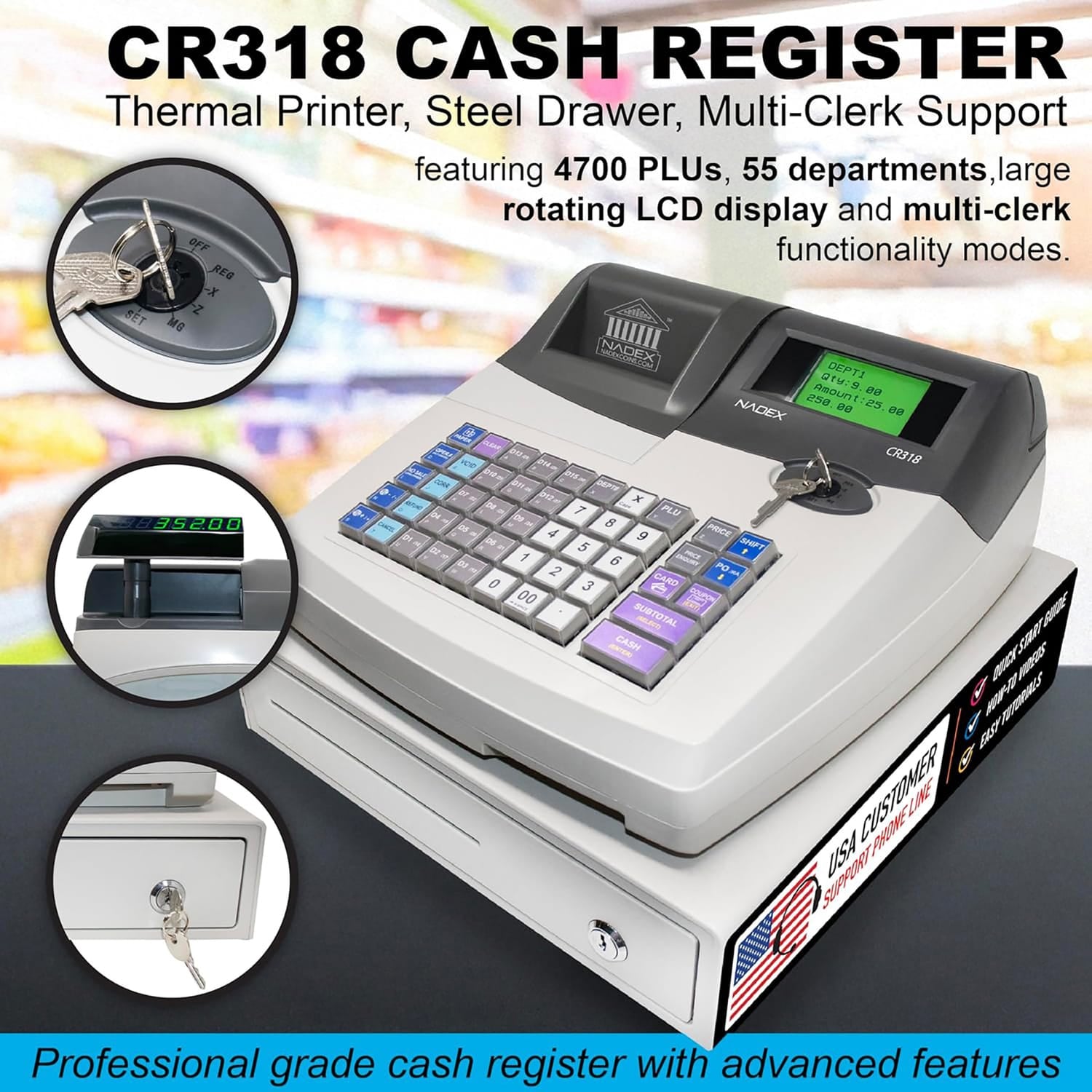 Nadex Coins CR318 POS Electronic Cash Register with Steel Drawer, Thermal Printer, and Multi-Clerk Support