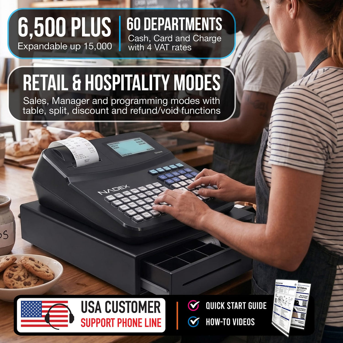 Nadex Coins CR540 Electronic Cash Register with Locking Cash Drawer, Thermal Printer, 2 Displays, 60 PLUs, 70-Key Keyboard, RJ11/Serial/USB Ports