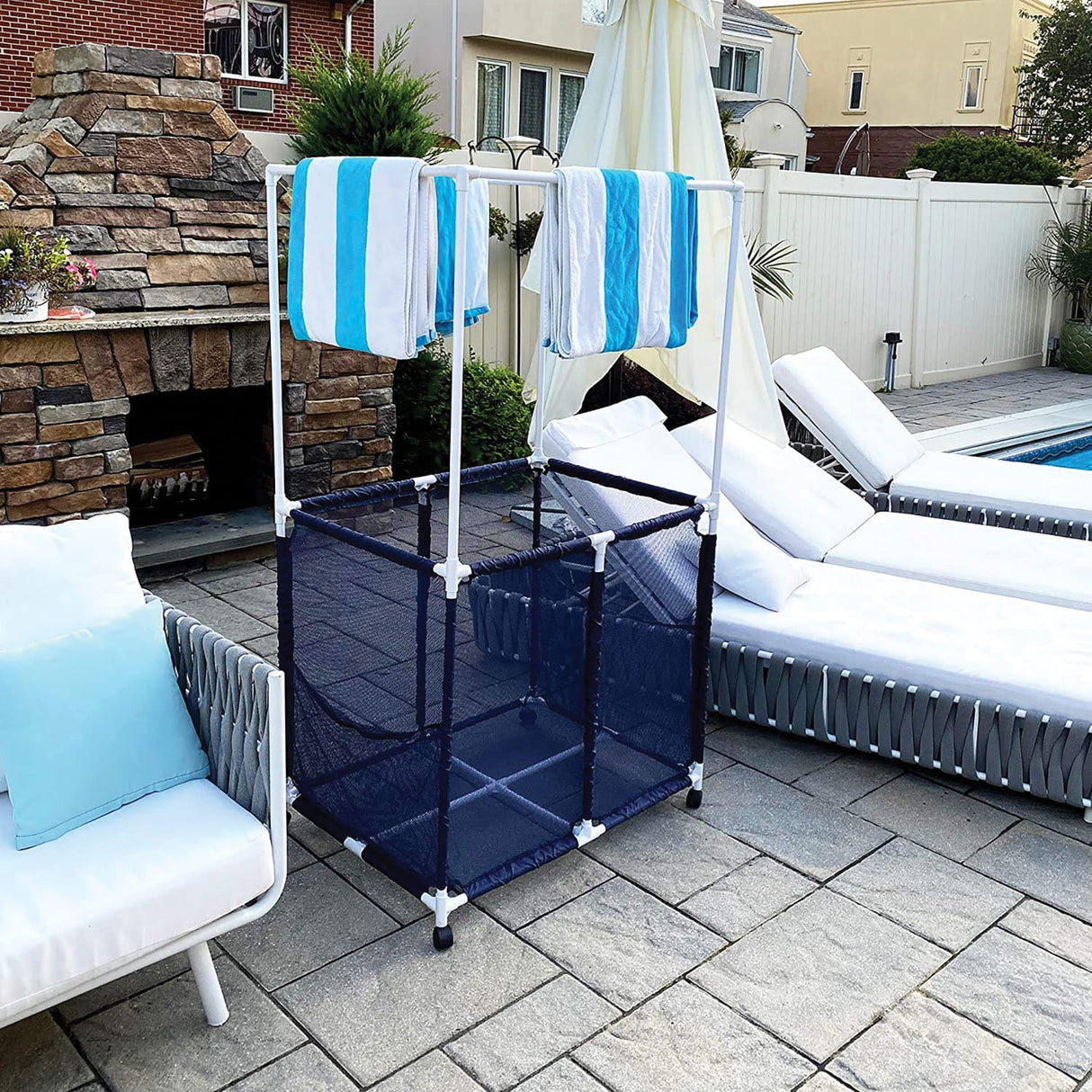 Pool Bins Pool Storage Mesh Rolling Organizer with Towel Hanger Bars, Double Decker, 25 In. x 34.5 In. x 62.6 In., PB-L360