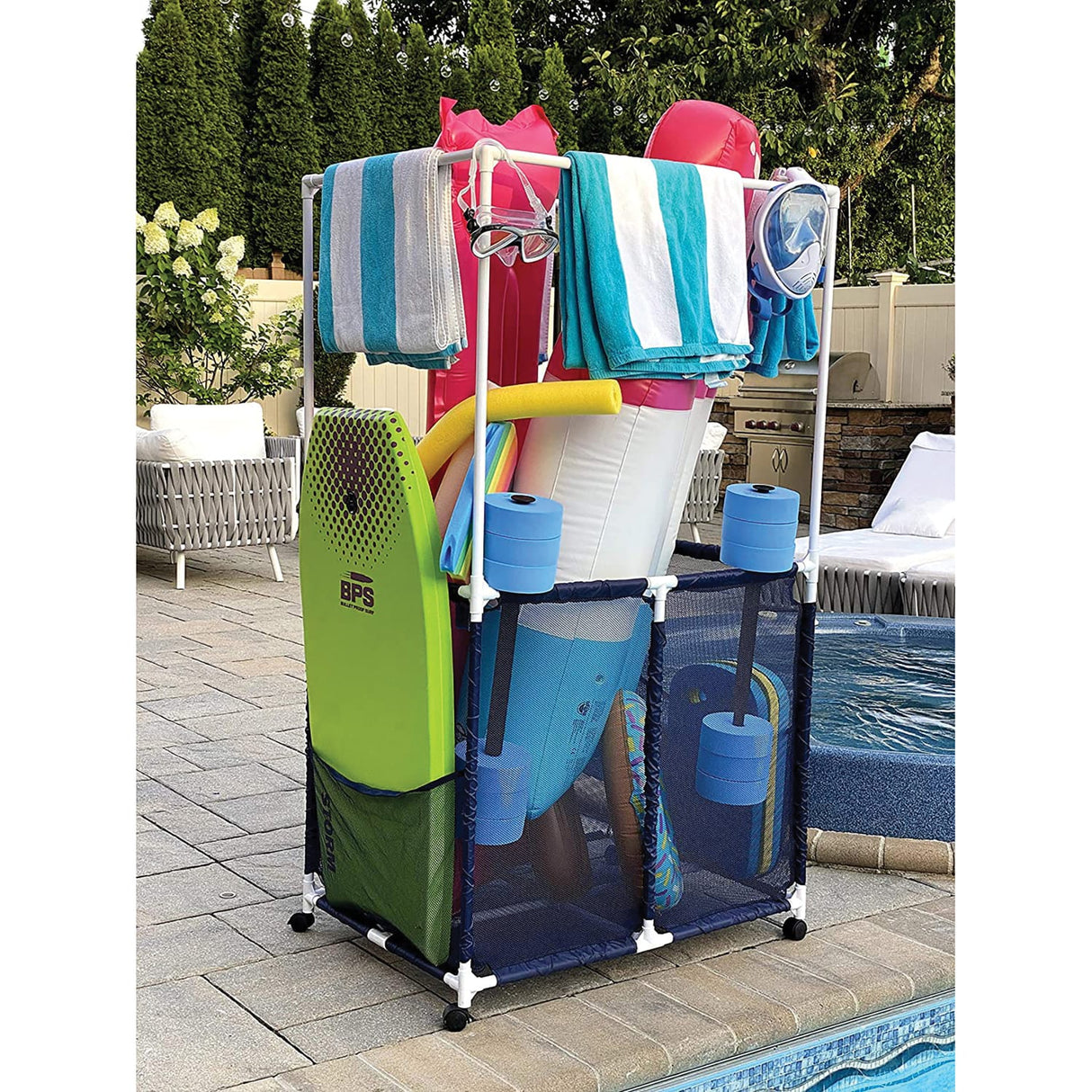 Pool Bins Pool Storage Mesh Rolling Organizer with Towel Hanger Bars, Double Decker, 25 In. x 34.5 In. x 62.6 In., PB-L360