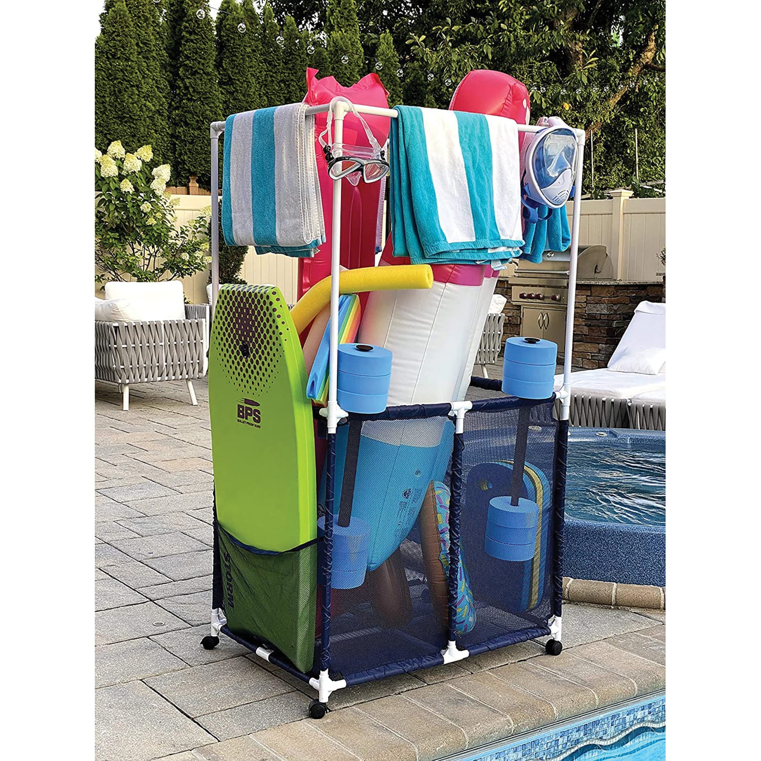 Pool Bins Pool Storage Mesh Rolling Organizer with Towel Hanger Bars, Double Decker, 25 In. x 34.5 In. x 62.6 In., PB-L360