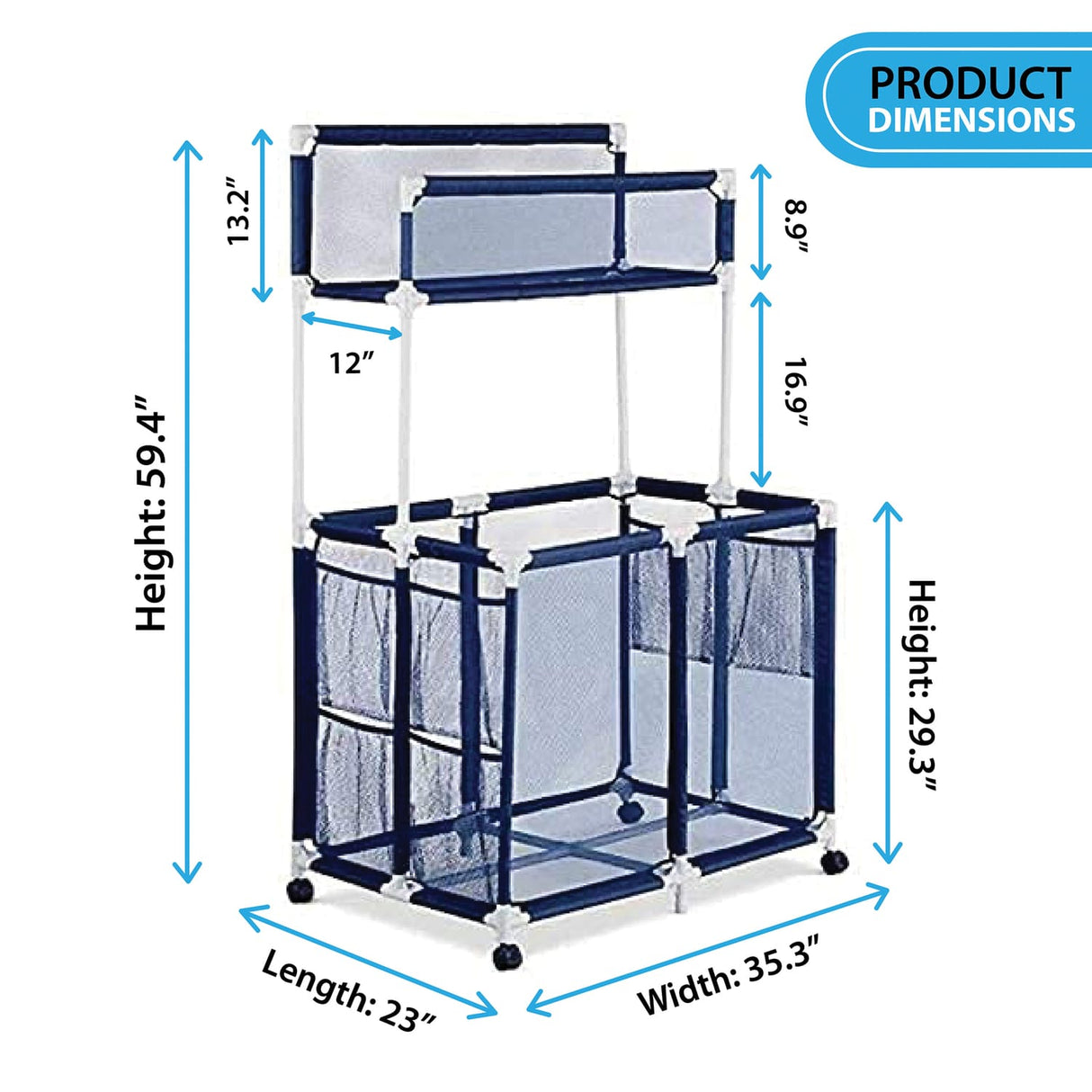 Pool Bins Pool Storage Mesh Rolling Organizer with Noodle Holder, Extra Large, 23 In. x 35.3 In. x 59.4 In., PB-Z700