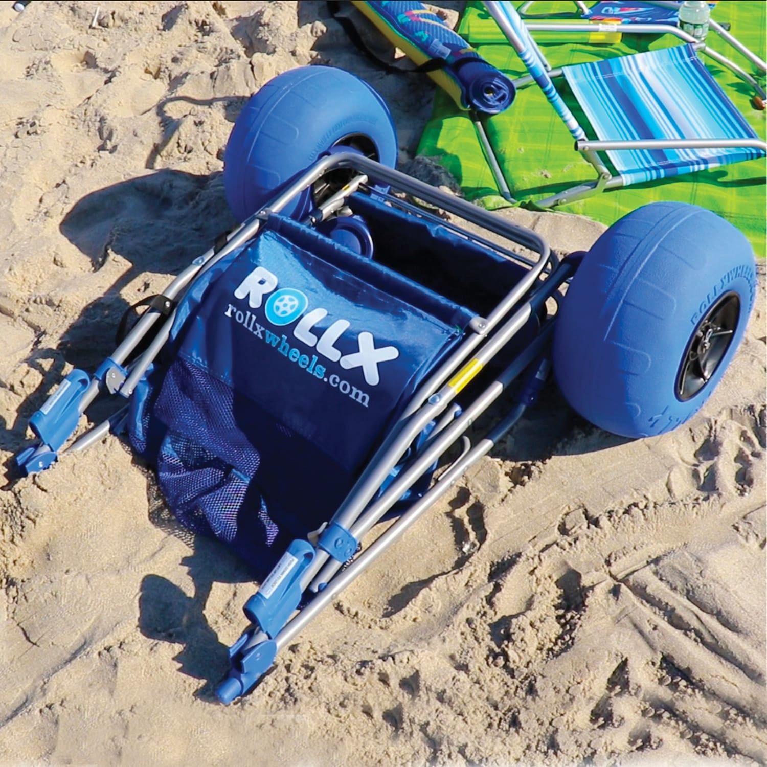 Rollx Foldable Beach Cart Storage Wagon with Big Balloon Wheels, Blue