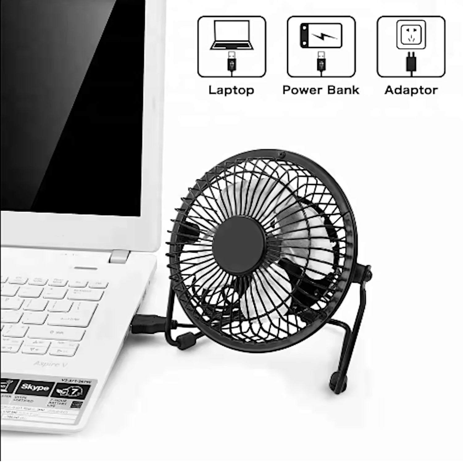 Optimus 4-In. Portable Personal Mini Fan, Single Speed, 37 CFM, 1 Blade, 360° Tilt, 2.5 Watts, USB/AC Powered, 48-In. USB Cable