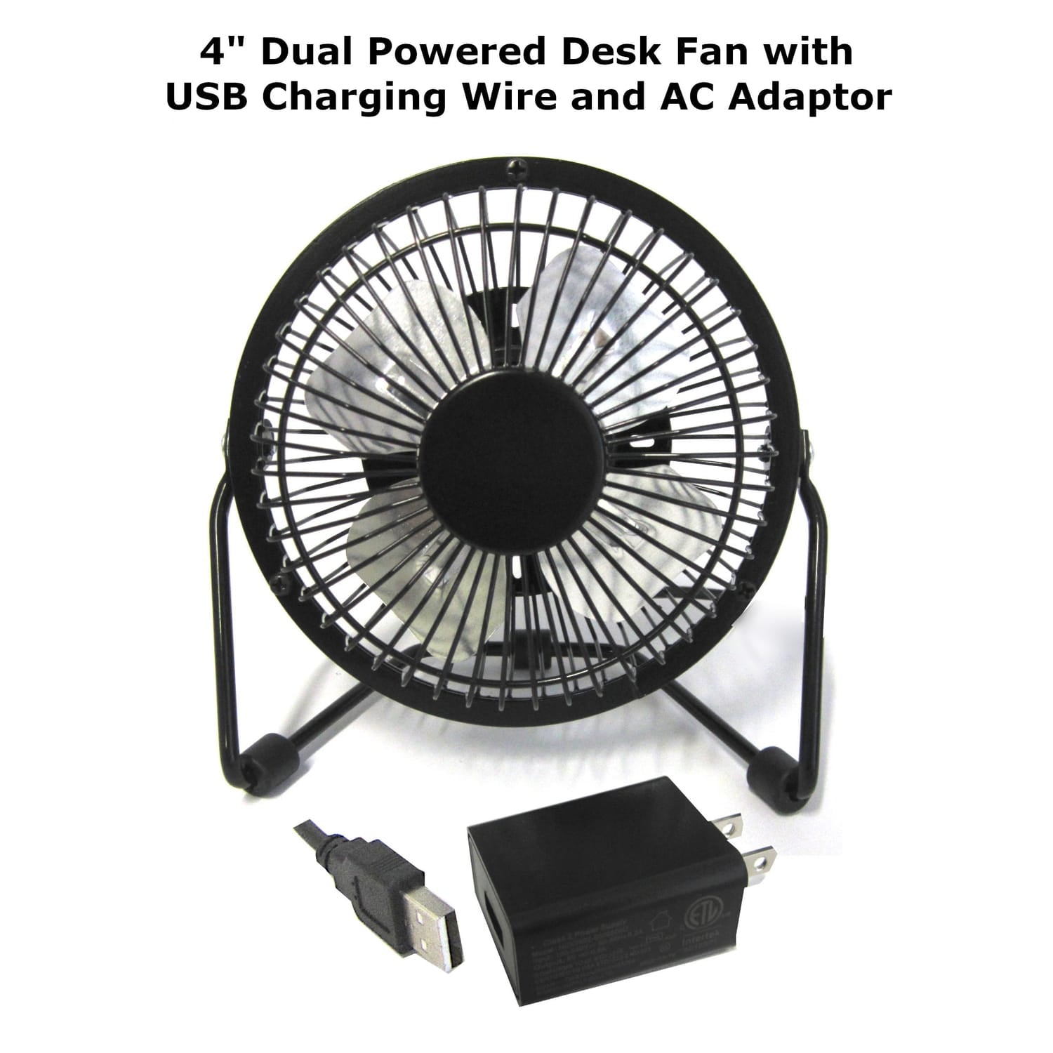 Optimus 4-In. Portable Personal Mini Fan, Single Speed, 37 CFM, 1 Blade, 360° Tilt, 2.5 Watts, USB/AC Powered, 48-In. USB Cable