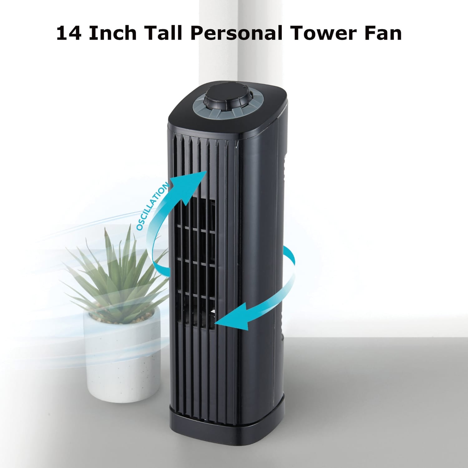 Optimus 14-In. Portable Oscillating Ultra-Slim Desktop Mini Tower Fan with 3 Speeds, 550 CFM, 70° Oscillation, 50 Watts, 72-In. Cord, Black
