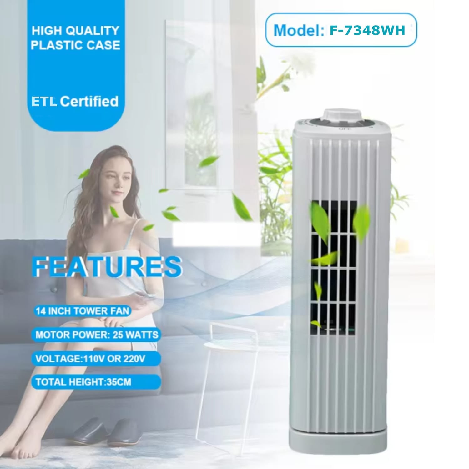 Optimus 14-In. Portable Oscillating Ultra-Slim Desktop Mini Tower Fan with 3 Speeds, 550 CFM, 70° Oscillation, 50 Watts, 72-In. Cord, White