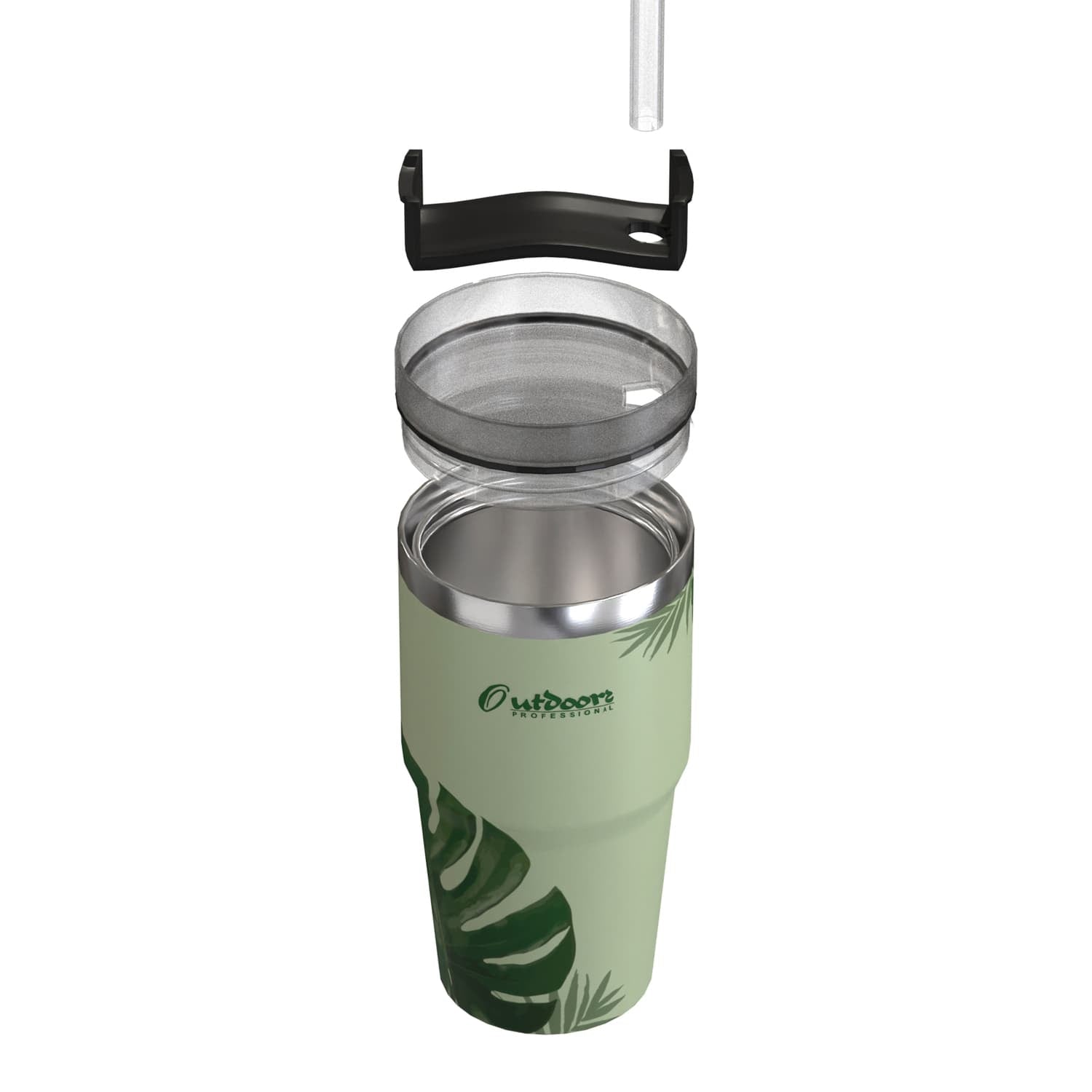Outdoors Professional 20-Oz. Stainless Steel Double-Walled Insulated Tumbler with Straw, Tropical Green