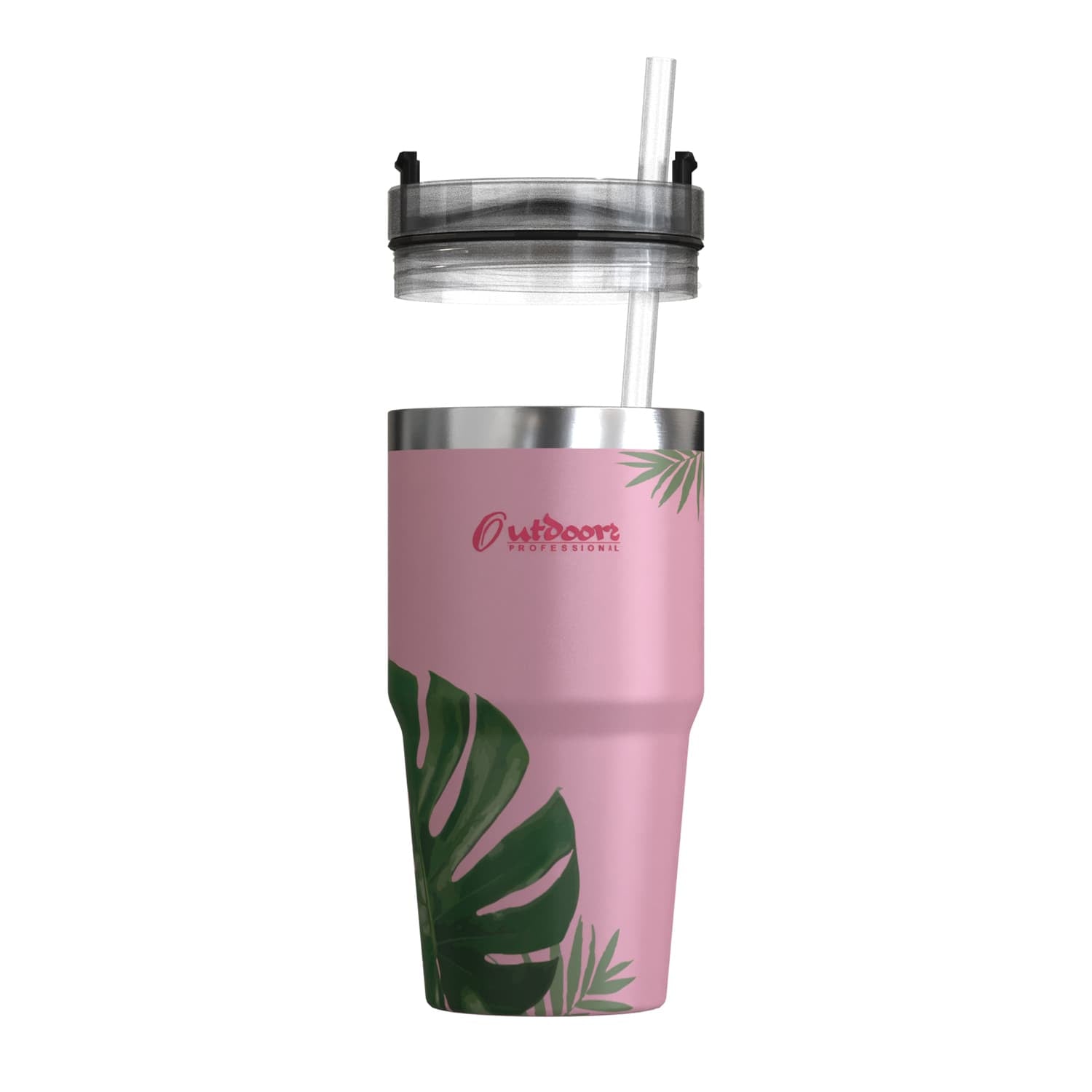 Outdoors Professional 20-Oz. Stainless Steel Double-Walled Insulated Tumbler with Straw, Tropical Pink