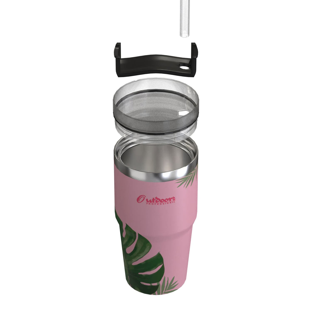 Outdoors Professional 20-Oz. Stainless Steel Double-Walled Insulated Tumbler with Straw, Tropical Pink