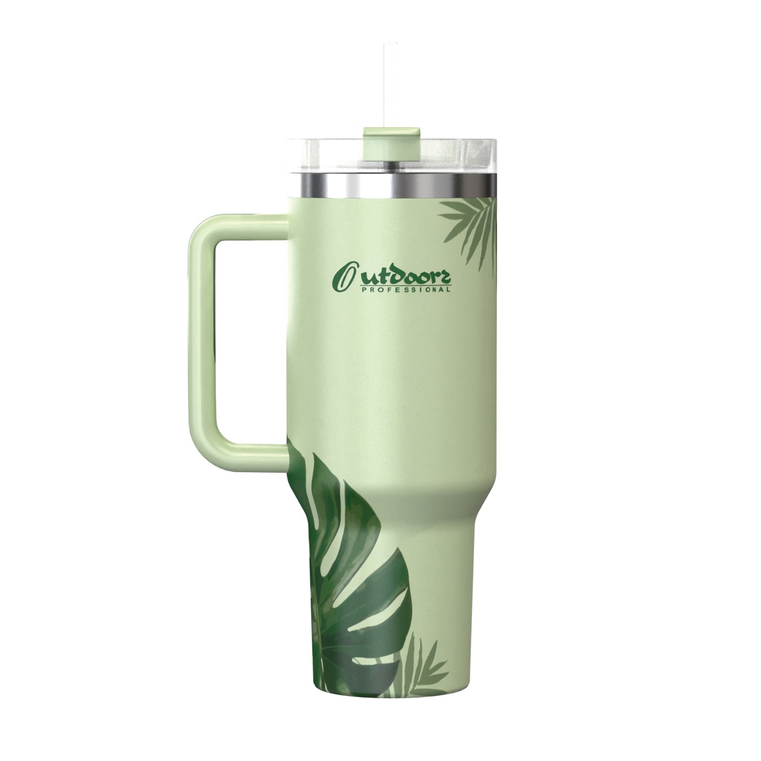 Outdoors Professional 40-Oz. Stainless Steel Double-Walled Insulated Tumbler with Straw, Tropical Green