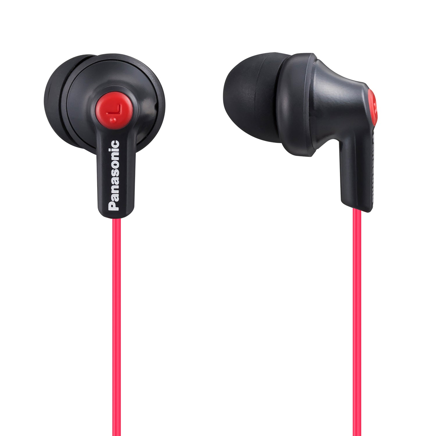 Panasonic ErgoFit Wired In-Ear Earbud Headphones with Right-Angle 3.5-mm Connector, RP-HJE120, Matte Black/Red
