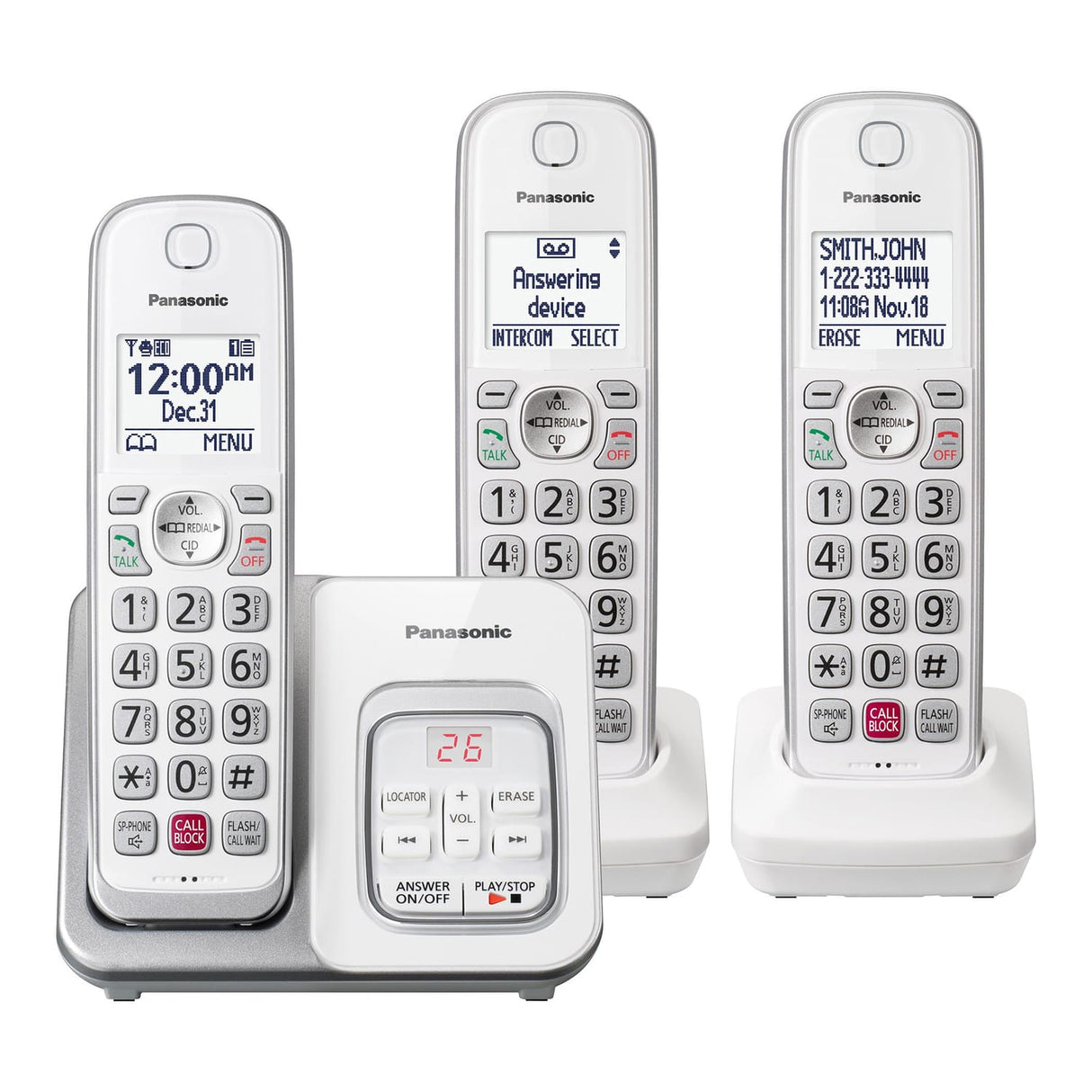 Panasonic Expandable Cordless Phone System for Landline, Digital Answering System, Caller ID, Call Blocker, and Large Buttons, 3 Handset
