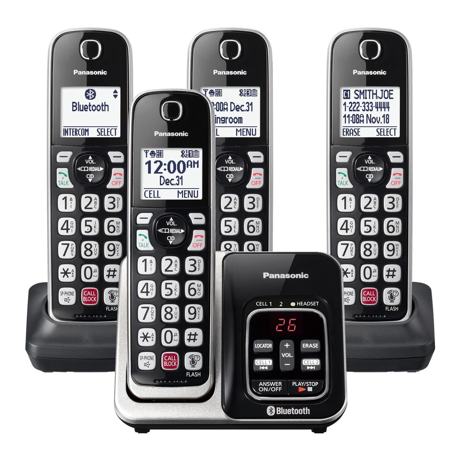 Panasonic 4-Handset Expandable Cordless Phone System for Landline, Digital Answering System, Bluetooth Link2Cell, Caller ID, and Call Blocker
