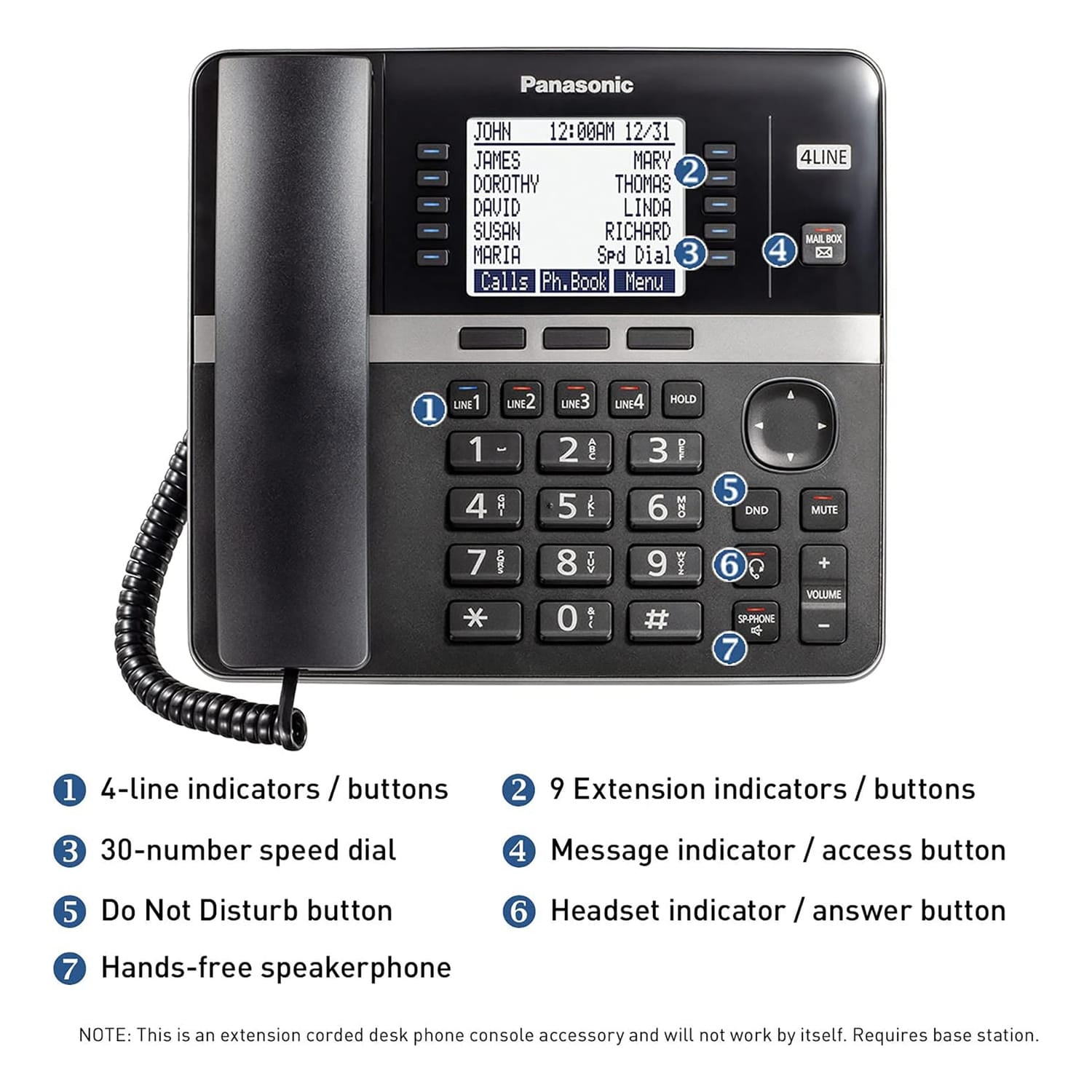 Panasonic Corded-Handset DECT 6.0 Cordless Office Phone Extension for KX-TGW420B 4-Line Office Phone Base Station, Black, KX-TGWA40B