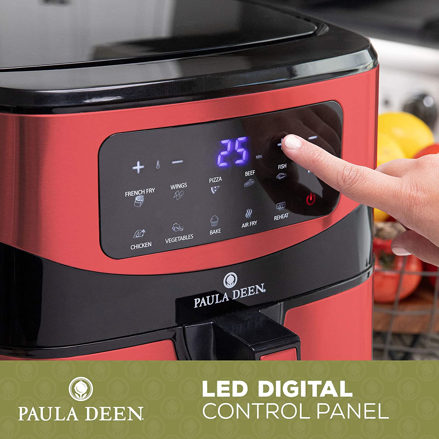 Paula Deen PDKDF579R Stainless Steel 10 QT 1700 Watts Digital LED Display Air Fryer, Red Stainless