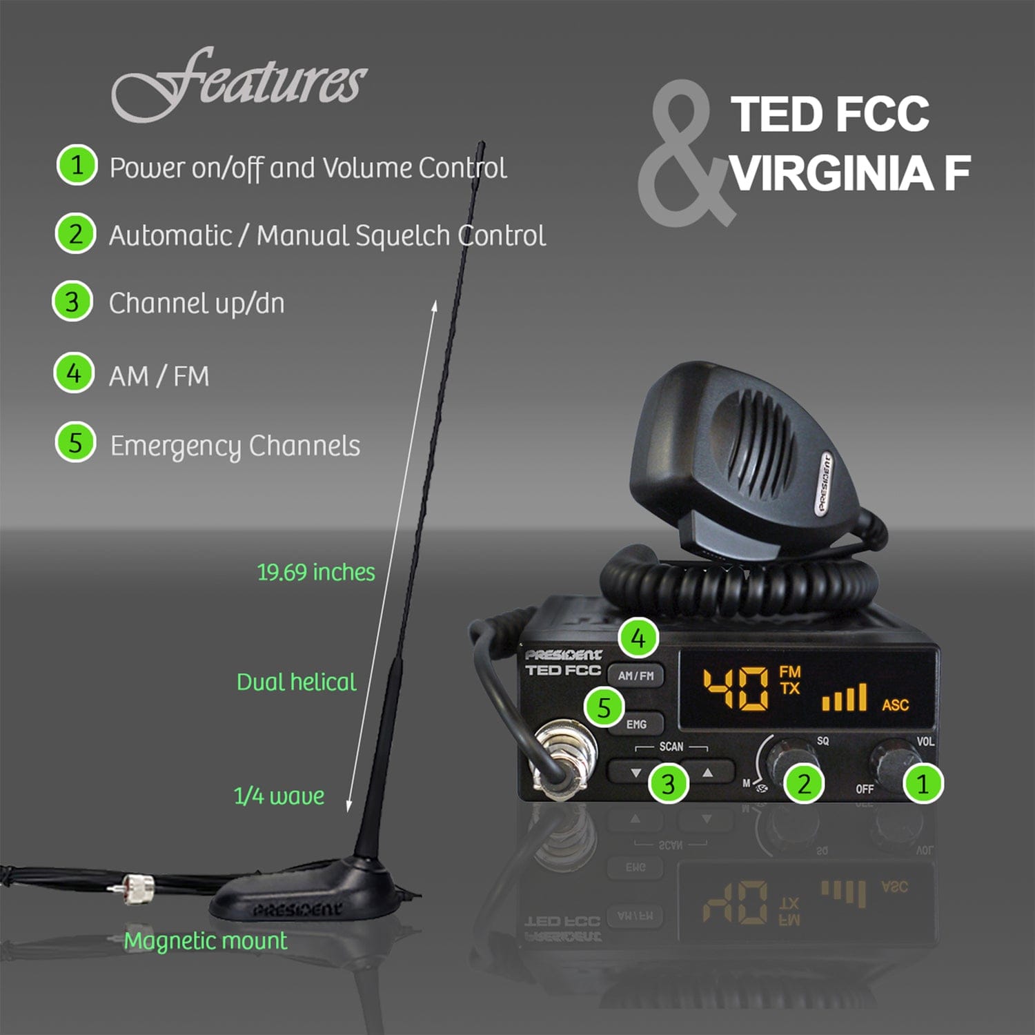 President CB Radio Starter Kit with TED FCC 40-Channel 12-Volt AM/FM CB Radio and VIRGINIA-F Magnet-Mount Antenna