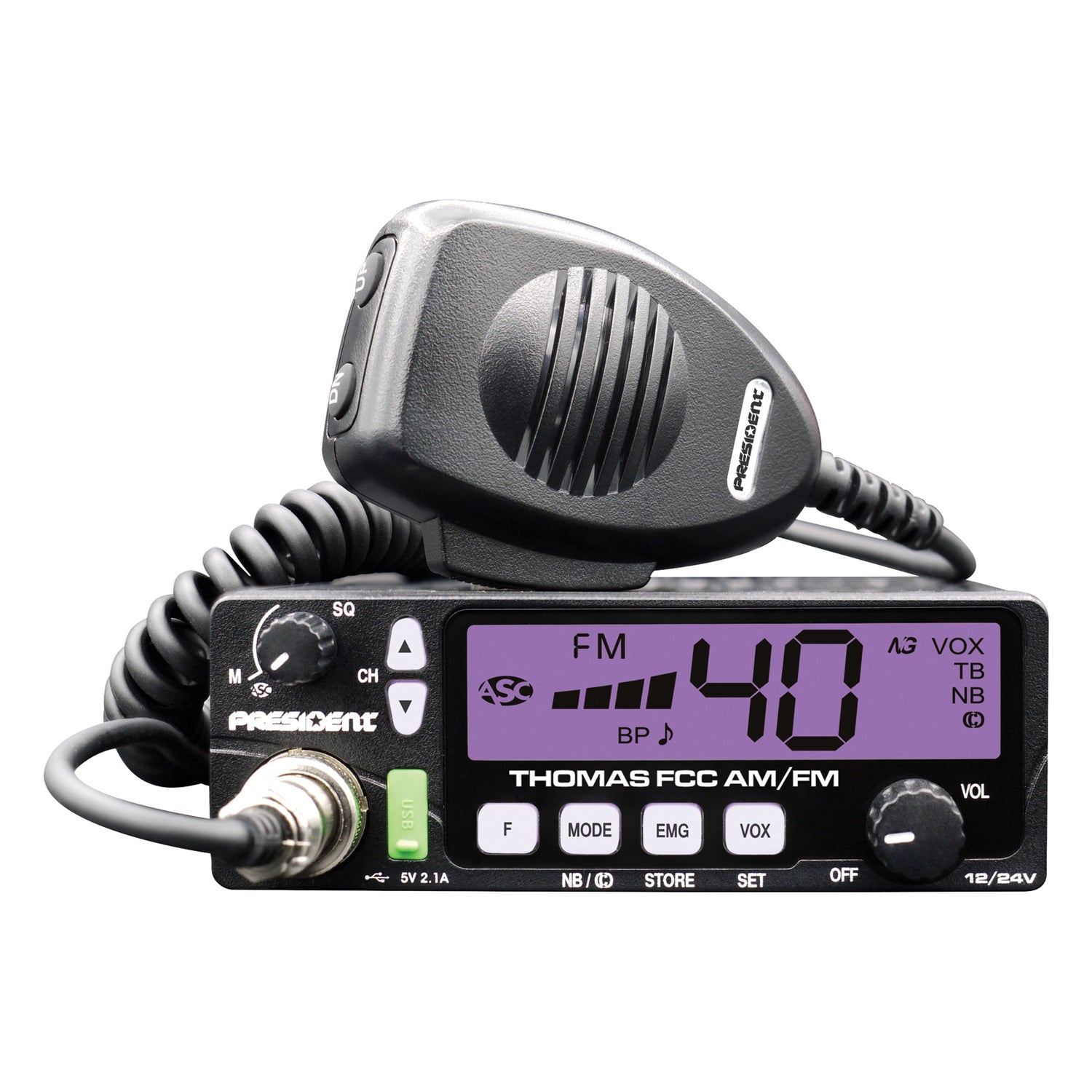 President TXUS093 THOMAS FCC 40-Channel CB Radio with AM/FM/PA Modes, 12-Volt/24-Volt, Large Screen, VOX, Auto Squelch, ASC, ANL, NB, USB, Mic