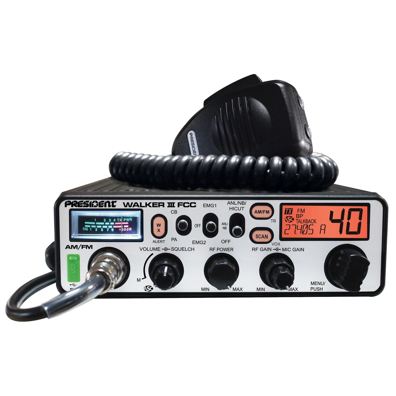 President Walker III FCC 40-Channel 12-Volt AM/FM Weatherband CB Radio, TXUS200-1