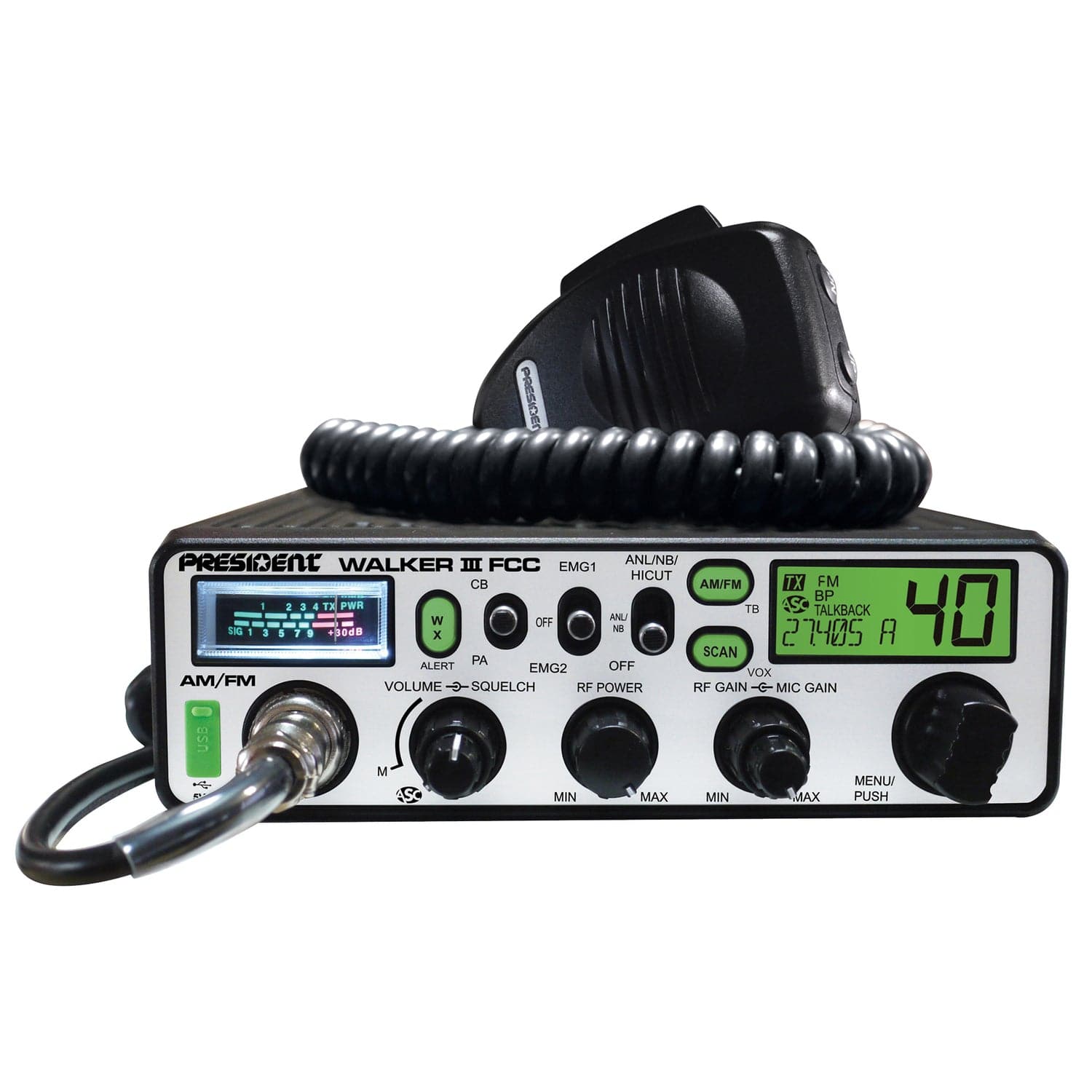 President Walker III FCC 40-Channel 12-Volt AM/FM Weatherband CB Radio, TXUS200-1
