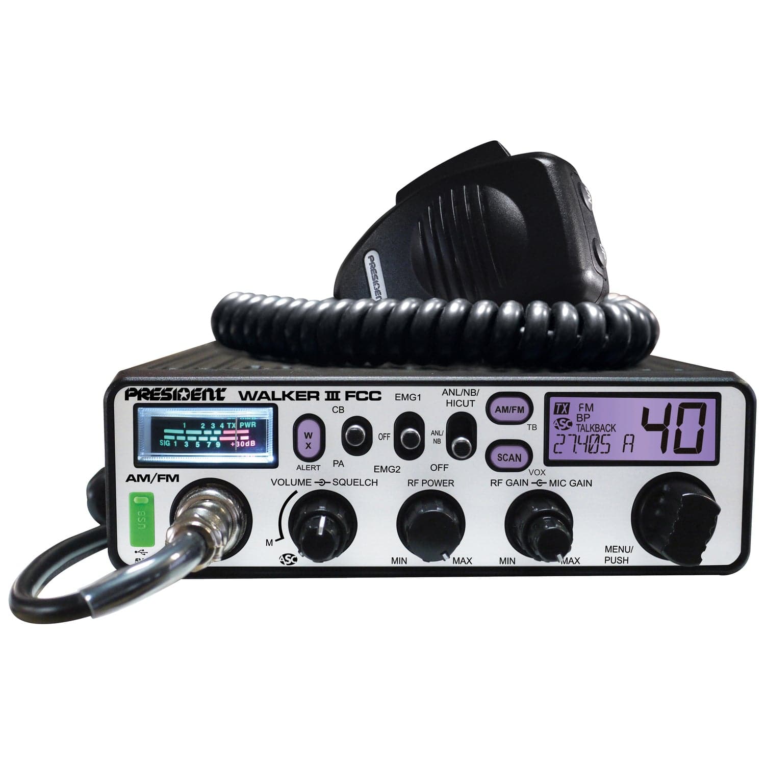 President Walker III FCC 40-Channel 12-Volt AM/FM Weatherband CB Radio, TXUS200-1