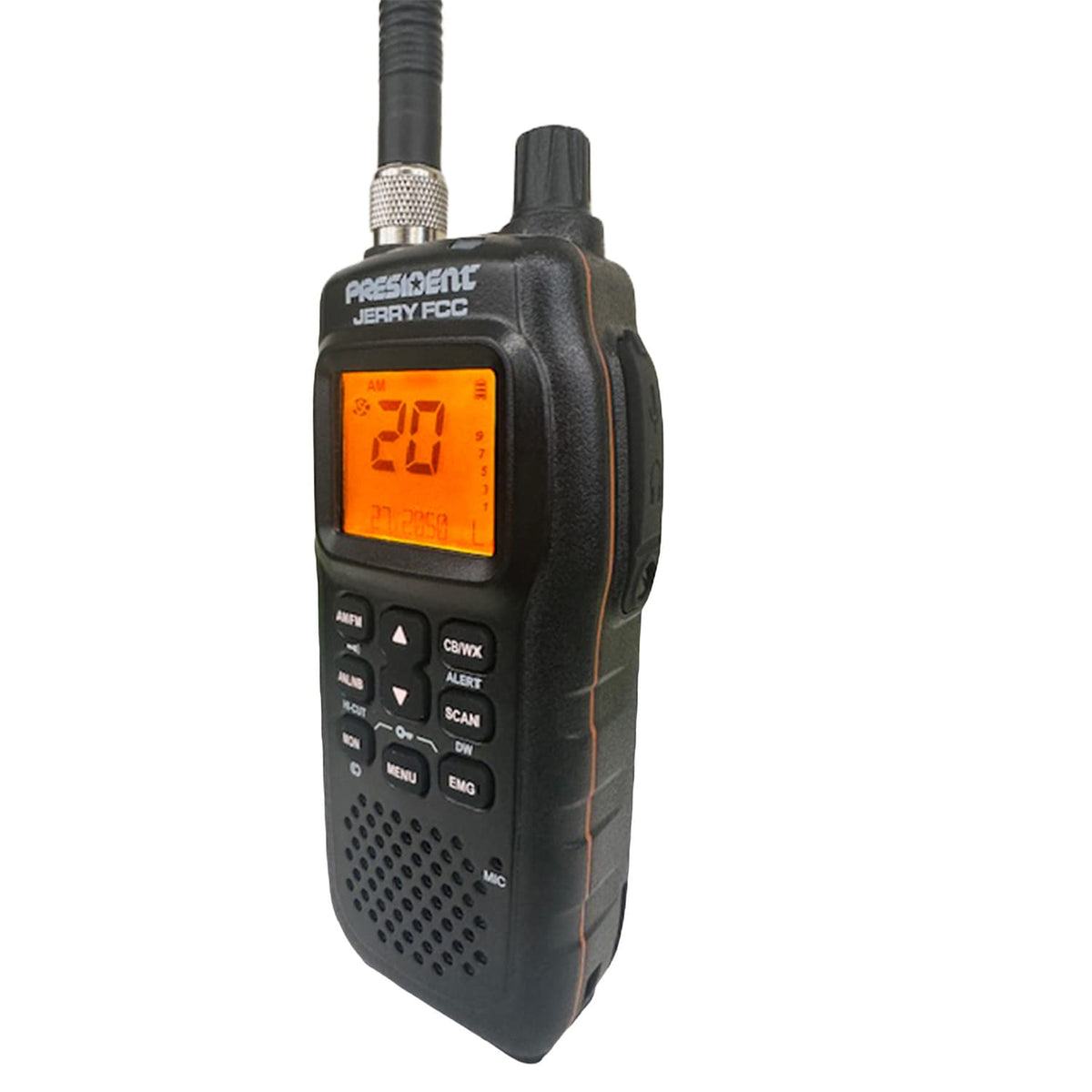 President Jerry FCC Handheld Ultra-Compact CB Radio with 40 Channels, AM/FM/PA, Weather Alert, Emergency Channel, Scan, Flexible Antenna, Car Charger