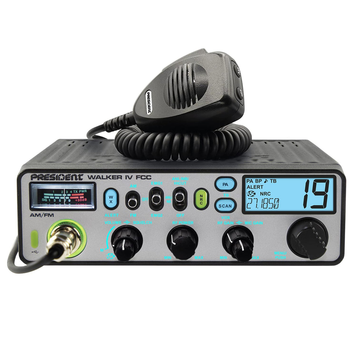 President Walker IV FCC 40-Channel Professional CB Radio with AM/FM/PA, 12 Volts, NOAA Alerts, OEM Truck Size, P-Channels, Glow Mode, USB-C, Mic